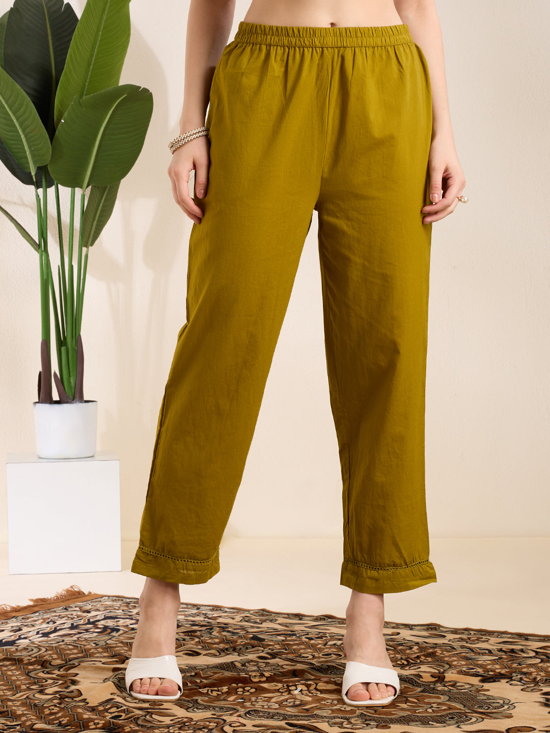 Solid Elephant Work Embroidered Straight Kurta with Palazzo & Dupatta - Green