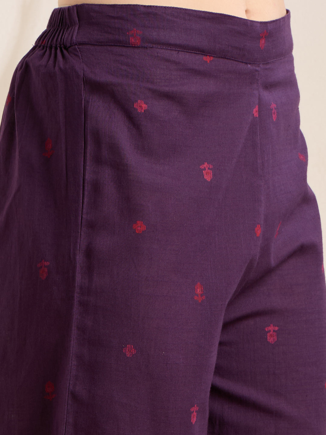 Solid Floral Embroidered A-Line Pleated Kurta with Palazzo & Dupatta - Purple