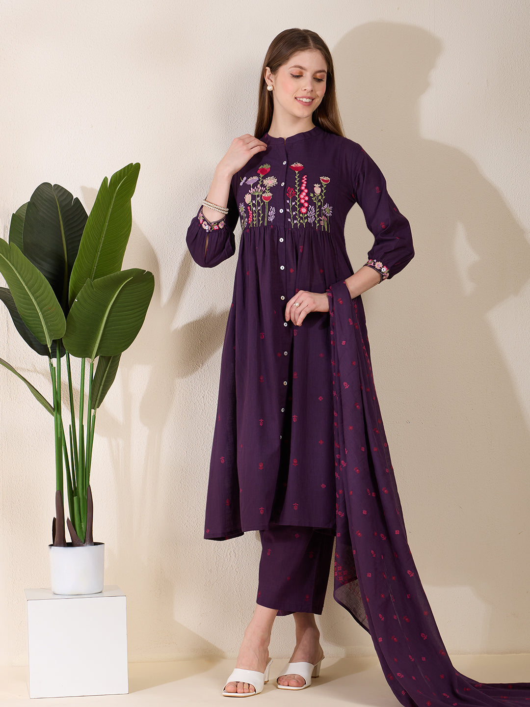 Solid Floral Embroidered A-Line Pleated Kurta with Palazzo & Dupatta - Purple