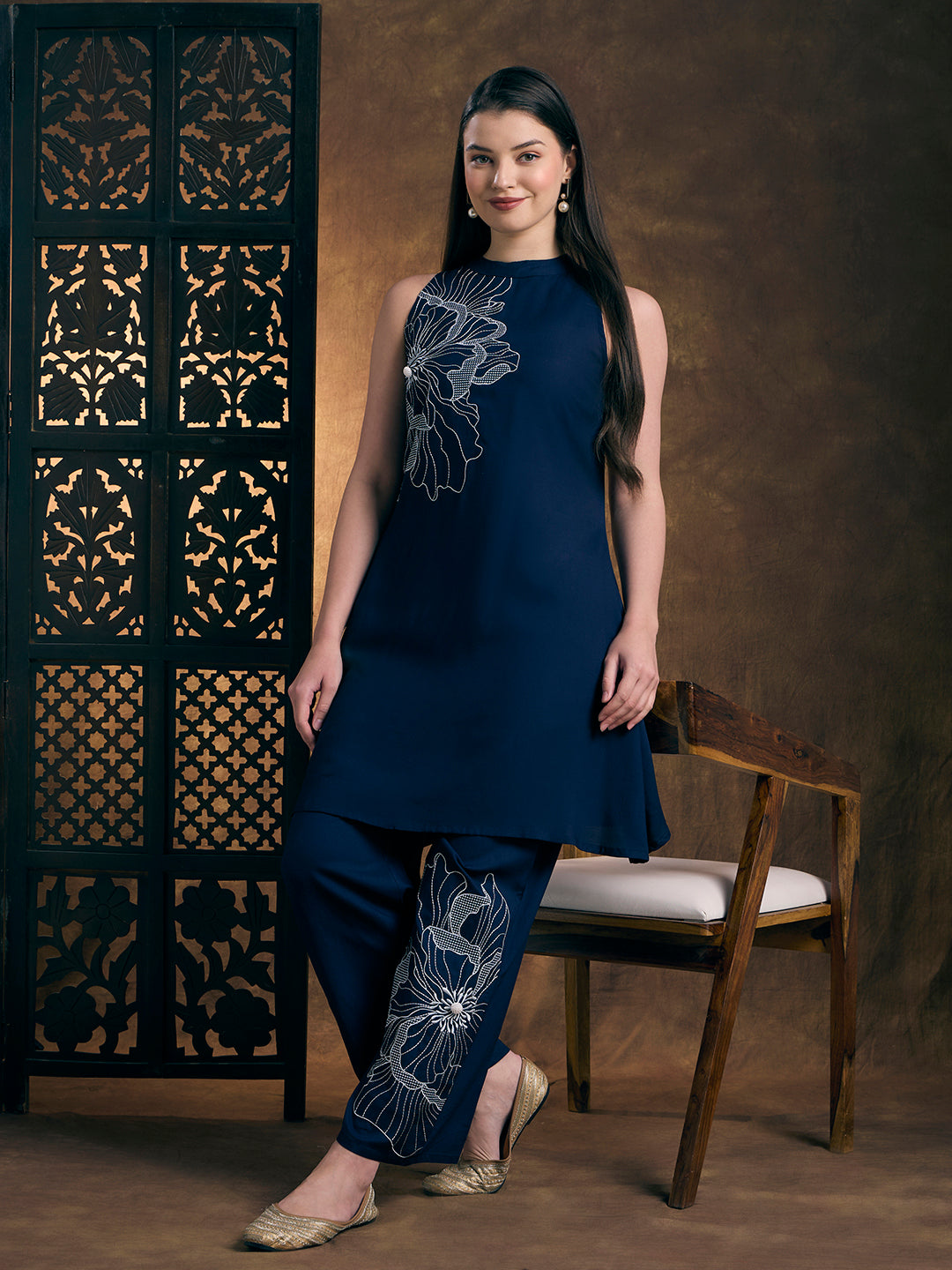 Abstract Threadwork A-Line Co-ord Set - Navy Blue