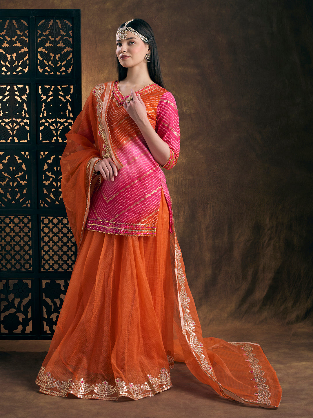 Leheriya Printed Gota Patti Embroidered Kurta Skirt & Dupatta Set - Organge