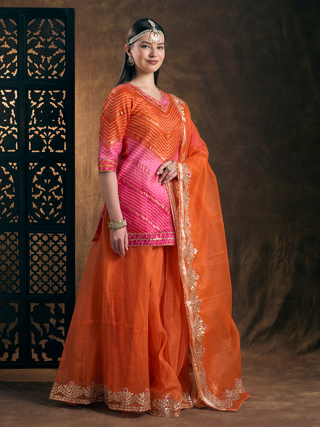 Leheriya Printed Gota Patti Embroidered Kurta Skirt & Dupatta Set - Organge