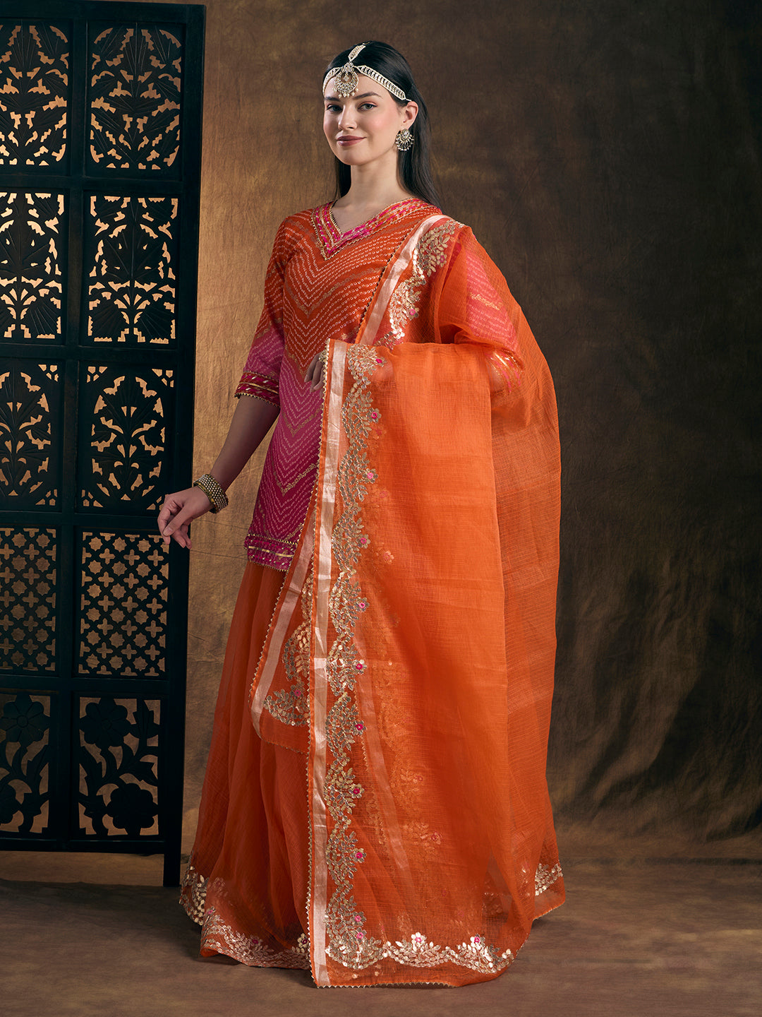 Leheriya Printed Gota Patti Embroidered Kurta Skirt & Dupatta Set - Organge