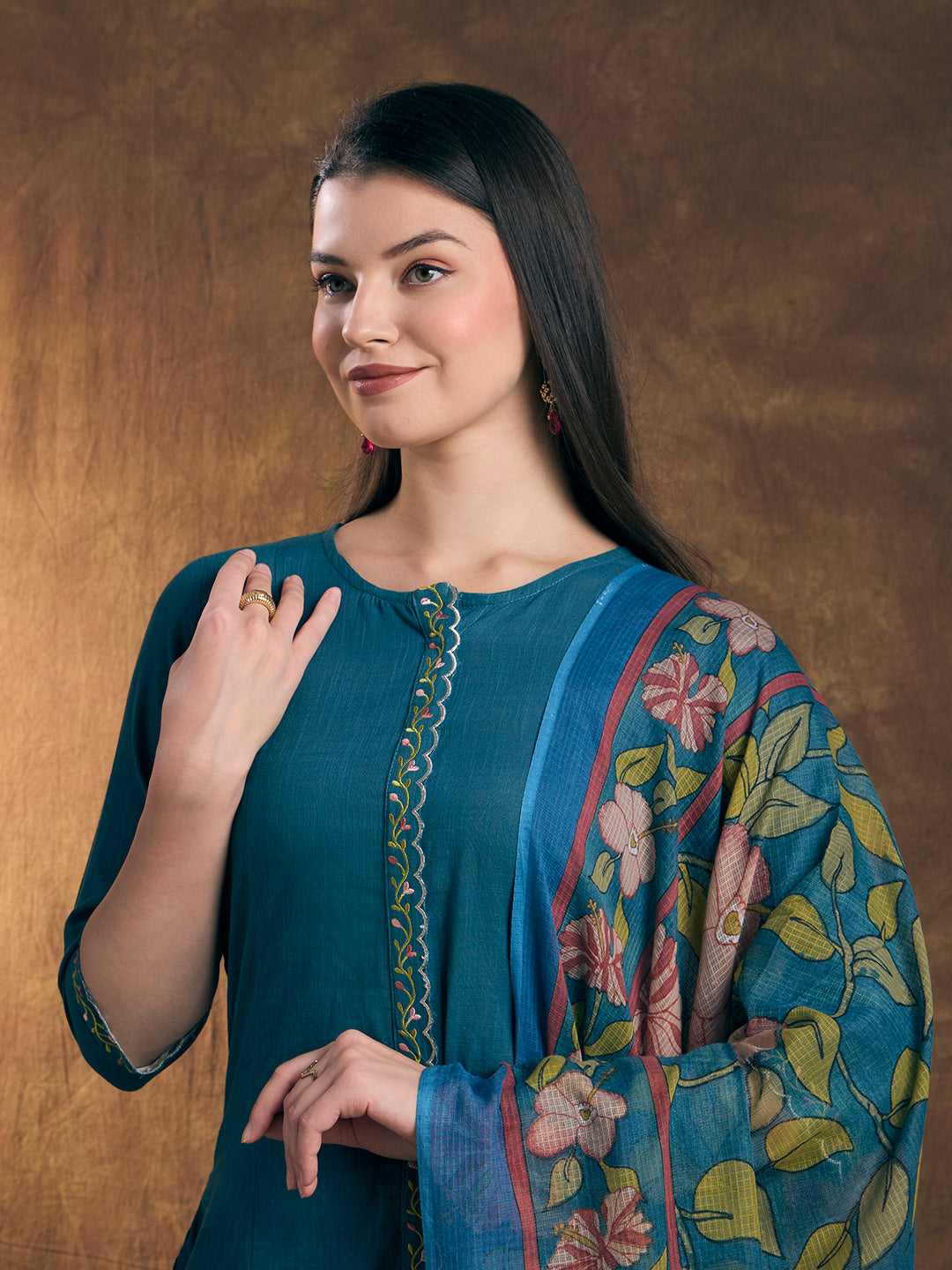 Solid Embroidered A-Line Kurta with Pant & Printed Dupatta - Blue