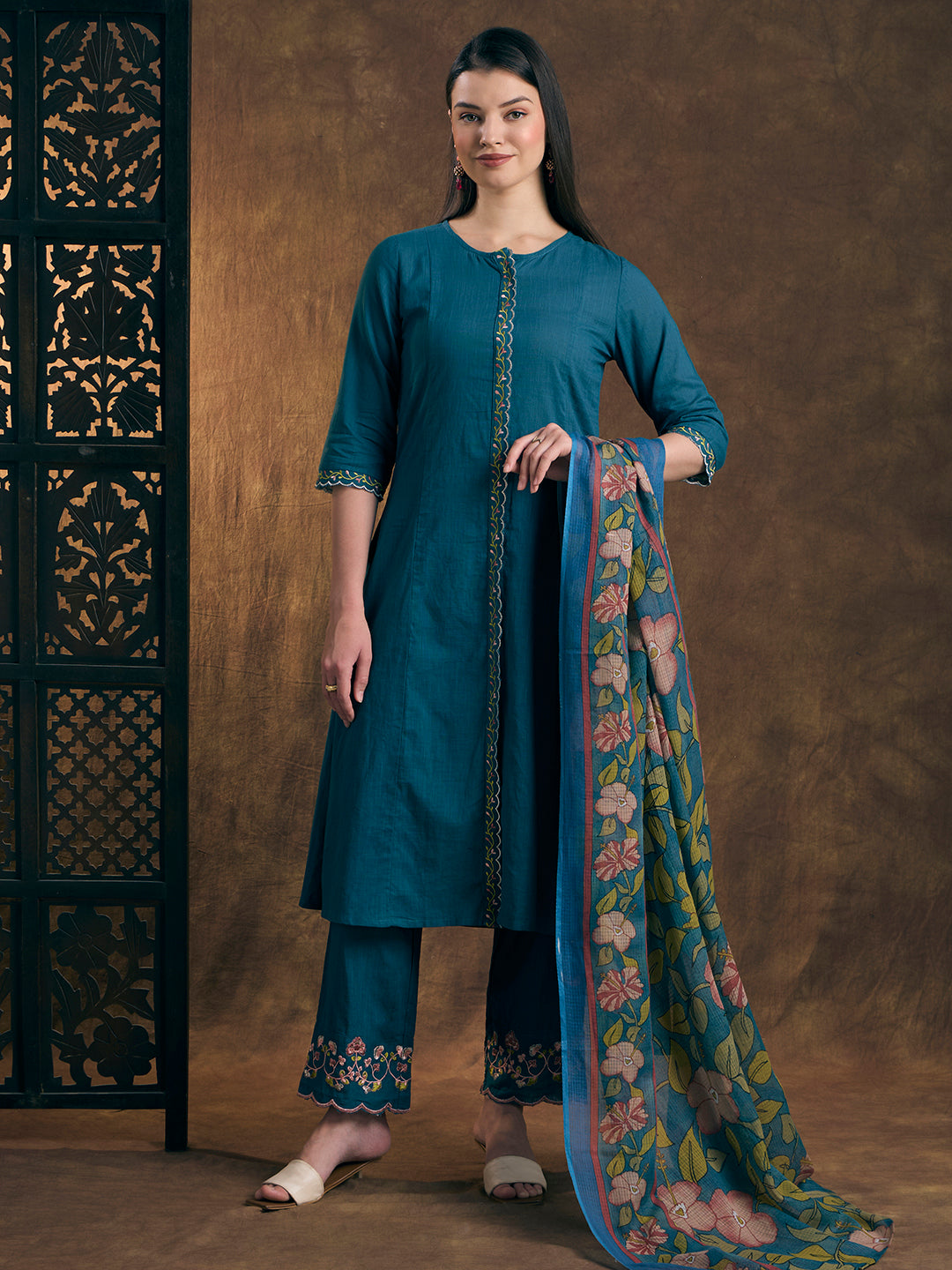 Solid Embroidered A-Line Kurta with Pant & Printed Dupatta - Blue