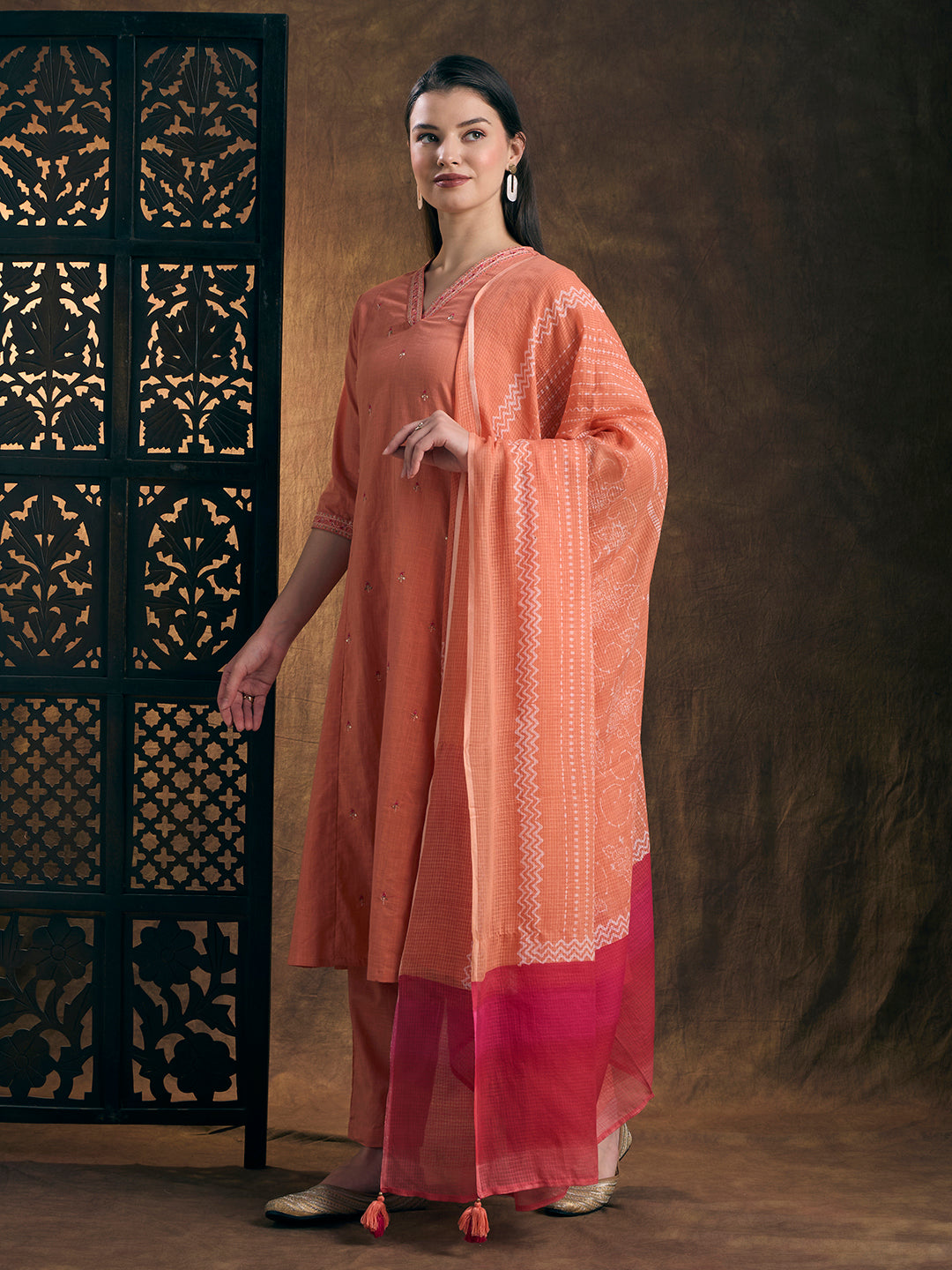 Solid Embroidered A-Line Kurta with Palazzo & Printed Dupatta - Peach