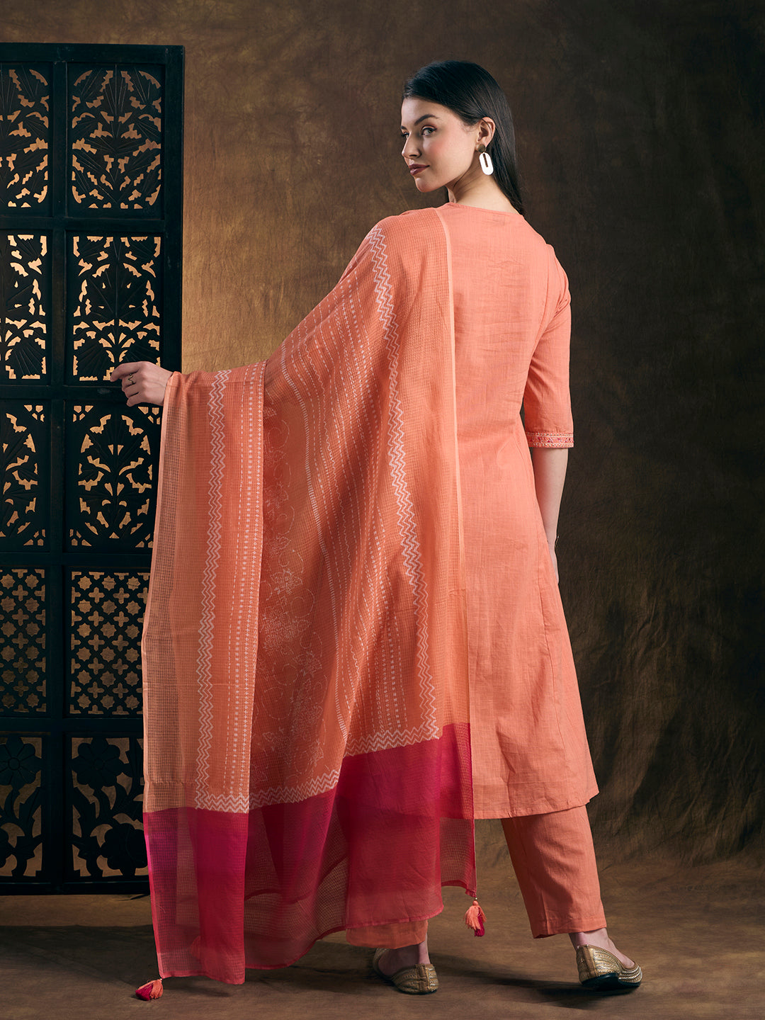 Solid Embroidered A-Line Kurta with Palazzo & Printed Dupatta - Peach