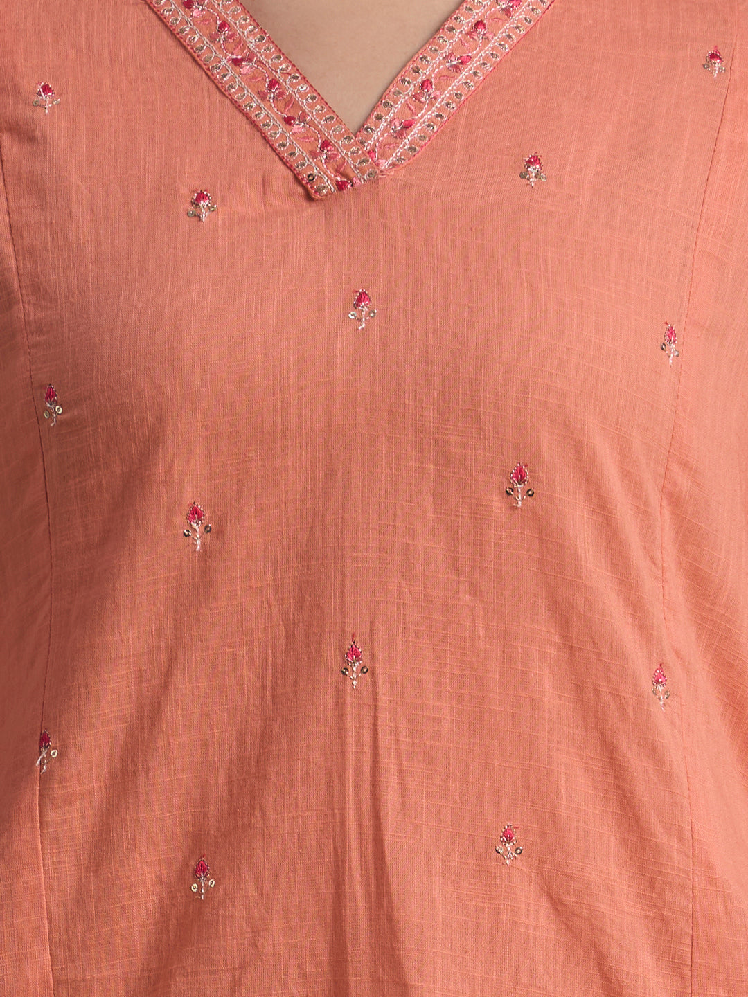 Solid Embroidered A-Line Kurta with Palazzo & Printed Dupatta - Peach