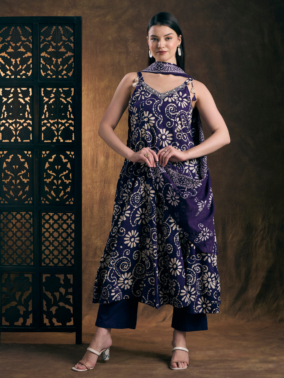 Ethnic Printed Anarkali Flared Kurta with Pant & Dupatta - Purple