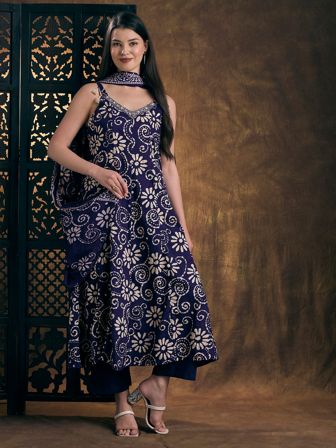 Ethnic Printed Anarkali Flared Kurta with Pant & Dupatta - Purple