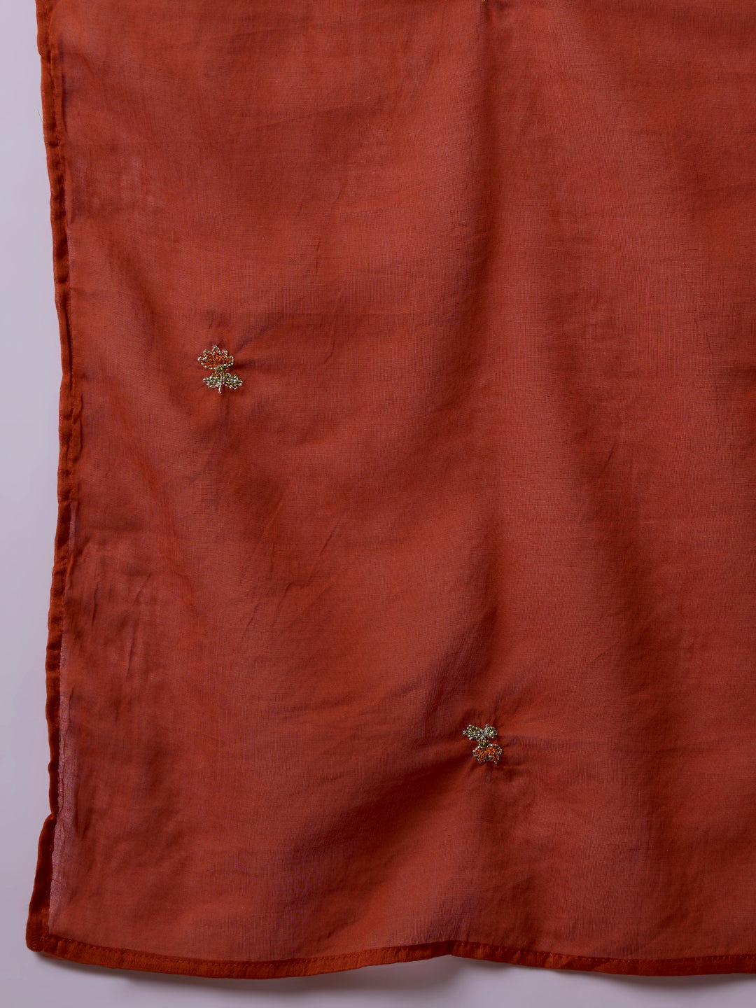 Solid Floral Embroidered A-Line Pleated Kurta with Pant & Dupatta - Rust
