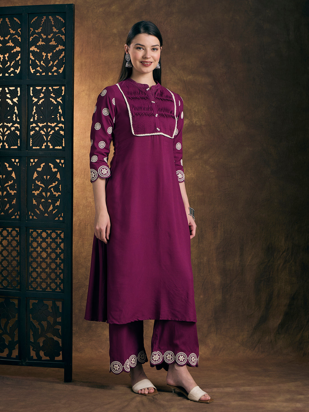 Solid Ethnic Embroidered A-Line Co-ord Set - Purple