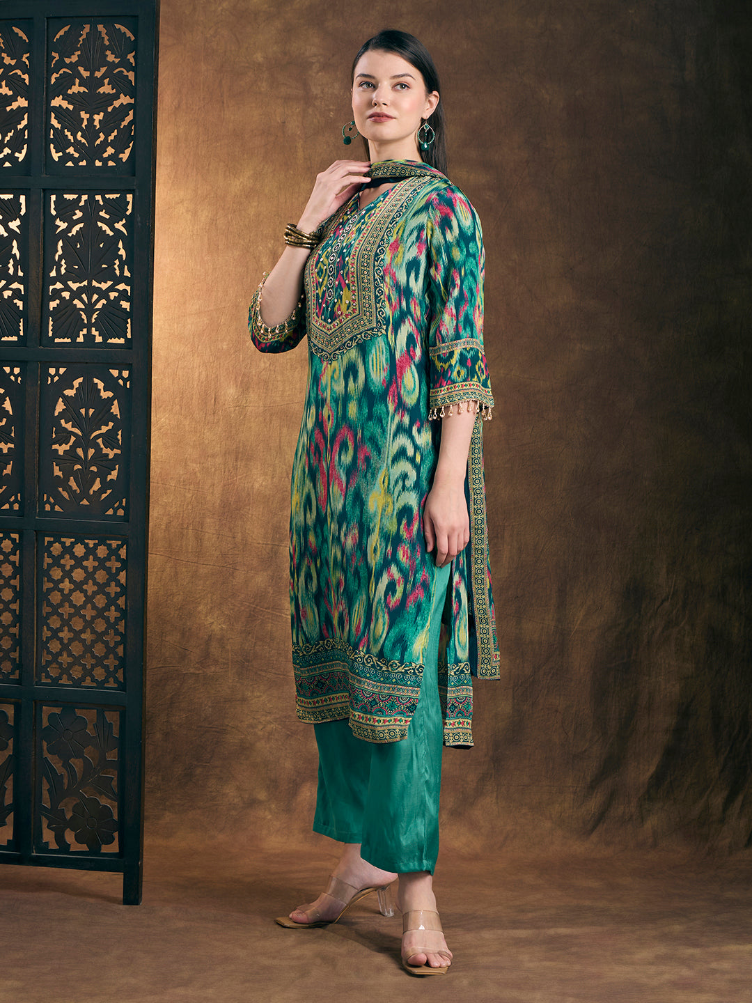 Ethnic Printed Straight Fit Kurta with Pant & Dupatta - Turquoise Blue
