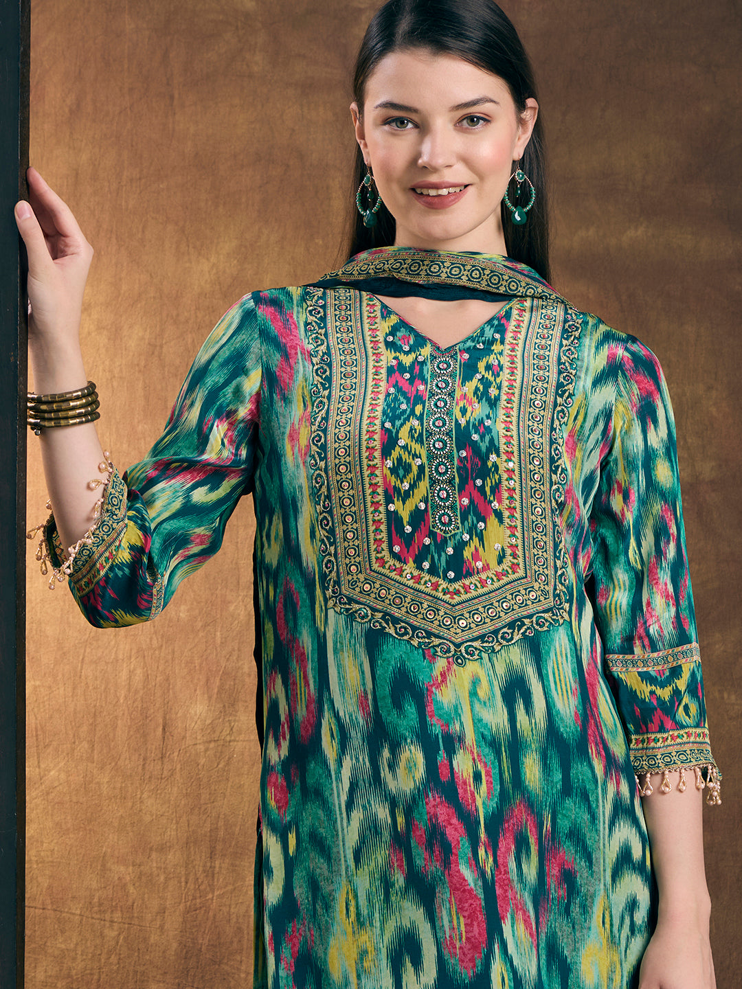 Ethnic Printed Straight Fit Kurta with Pant & Dupatta - Turquoise Blue