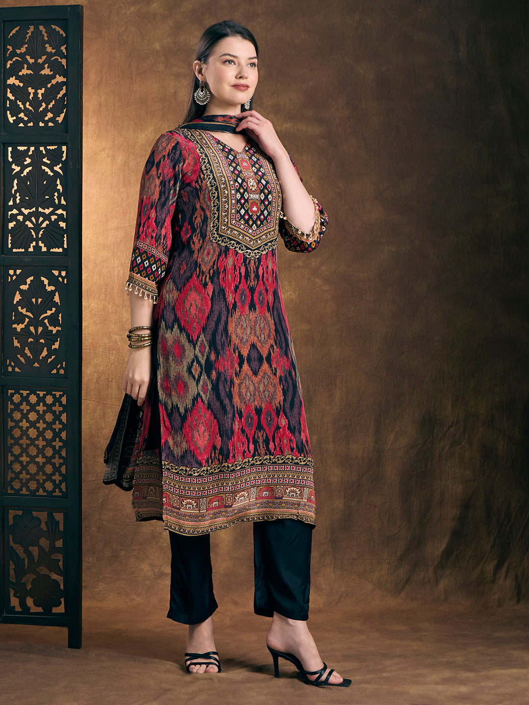 Ethnic Ikat Printed Straight Kurta with Pant and Dupatta - Multi