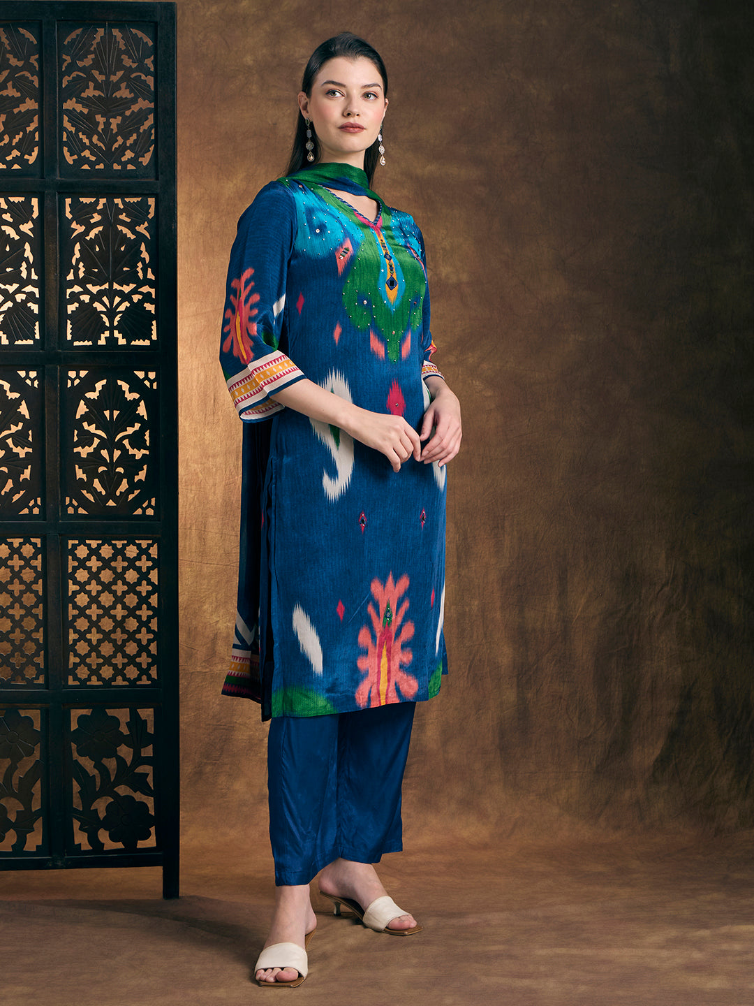 Ethnic Ikat Printed Straight Fit Kurta with Pant & Dupatta - Blue