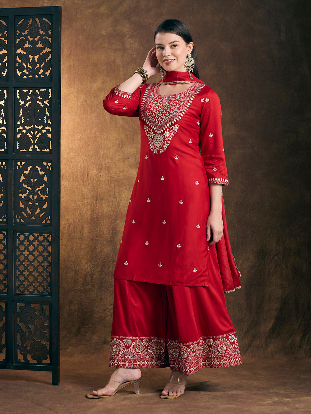 Solid Ethnic Embroidered Straight Kurta with Flared Palazzo and Dupatta - Red