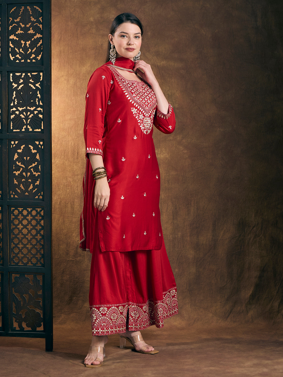 Solid Ethnic Embroidered Straight Kurta with Flared Palazzo and Dupatta - Red