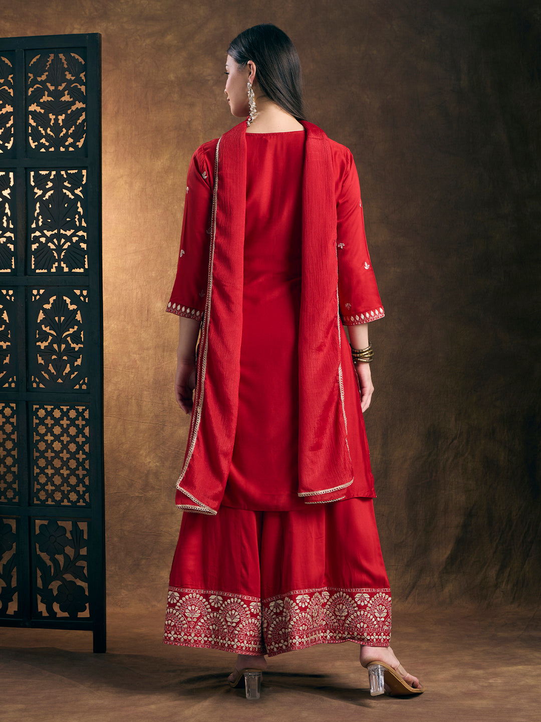 Solid Ethnic Embroidered Straight Kurta with Flared Palazzo and Dupatta - Red
