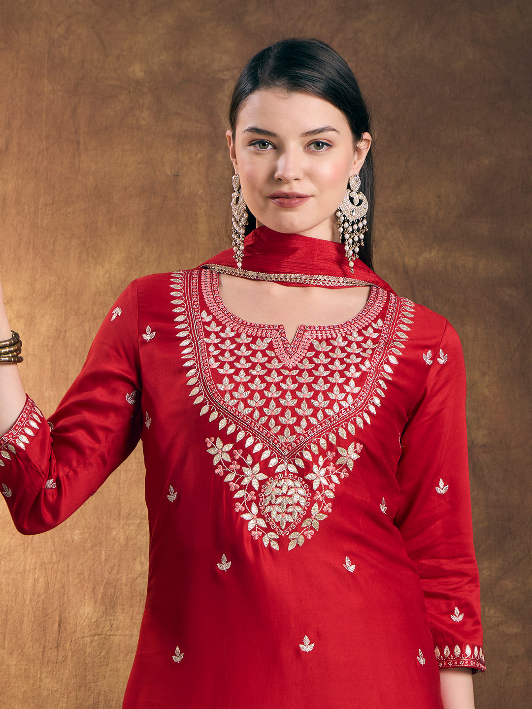 Solid Ethnic Embroidered Straight Kurta with Flared Palazzo and Dupatta - Red