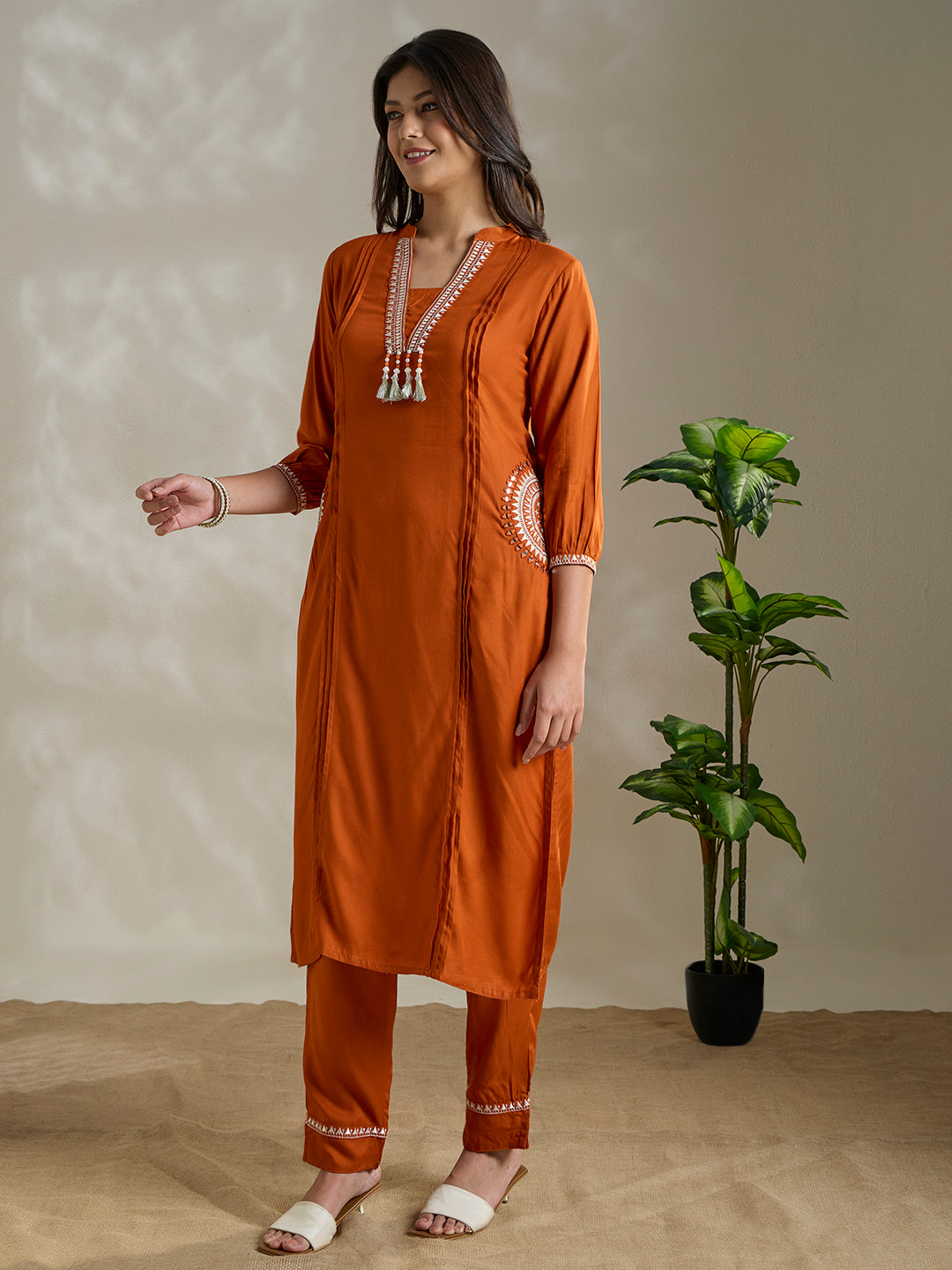 Ethnic Mirror & Threadwork Embroidered Straight Co-ord Set - Rust