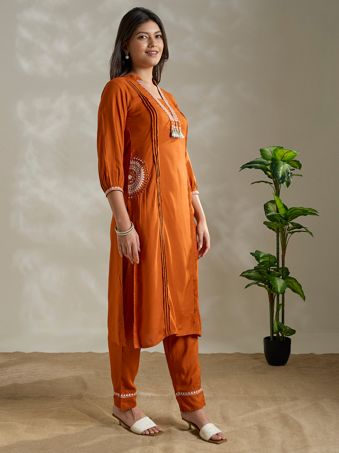 Ethnic Mirror & Threadwork Embroidered Straight Co-ord Set - Rust