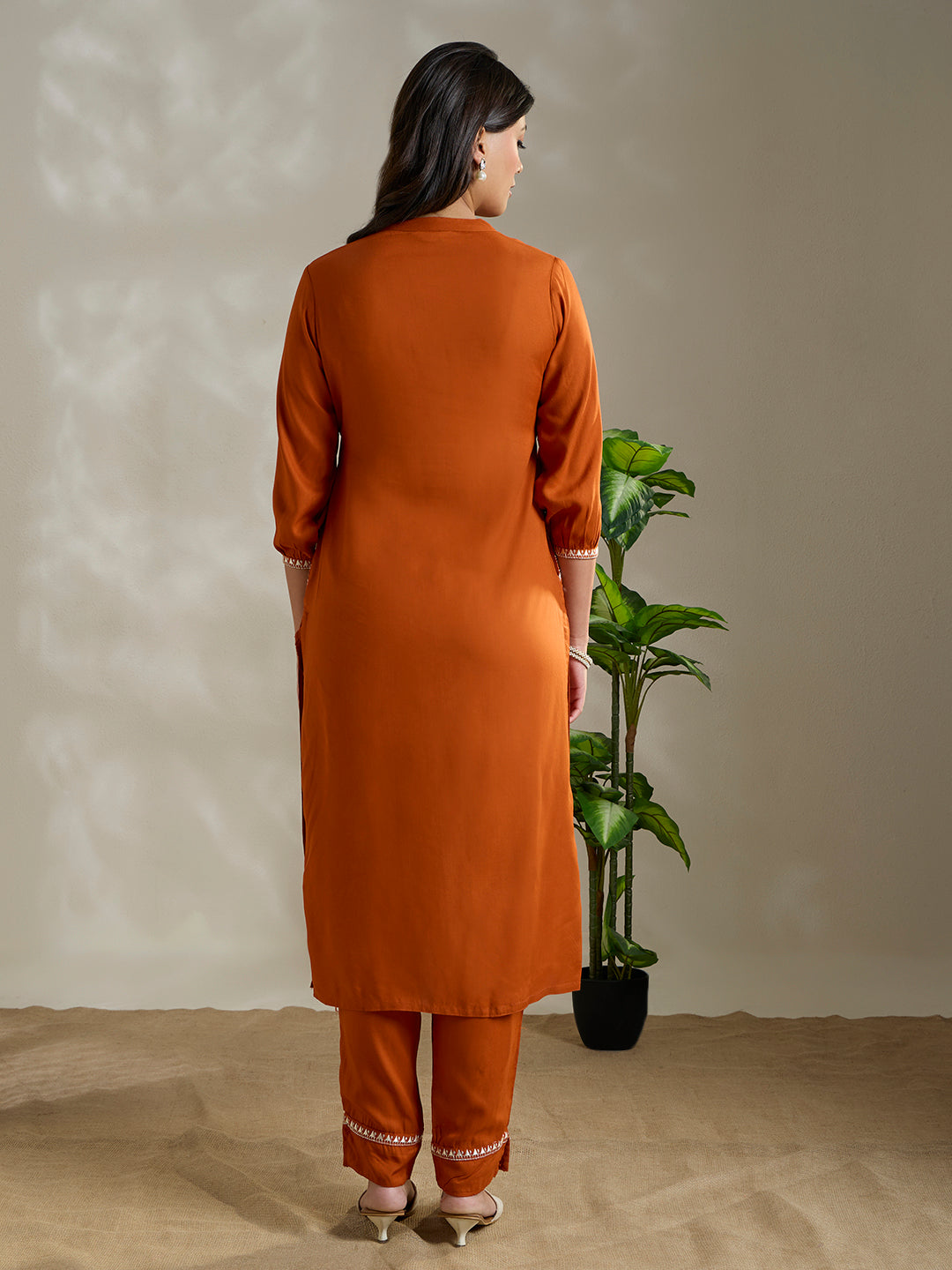 Ethnic Mirror & Threadwork Embroidered Straight Co-ord Set - Rust