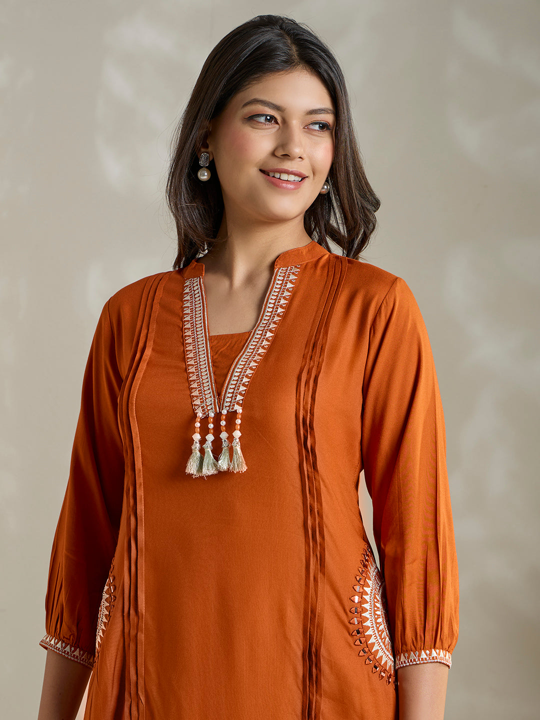 Ethnic Mirror & Threadwork Embroidered Straight Co-ord Set - Rust