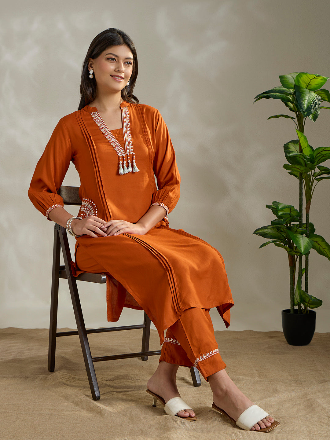 Ethnic Mirror & Threadwork Embroidered Straight Co-ord Set - Rust