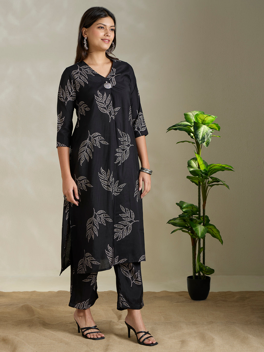 Floral Foil & Printed A-Line Co-ord Set - Black