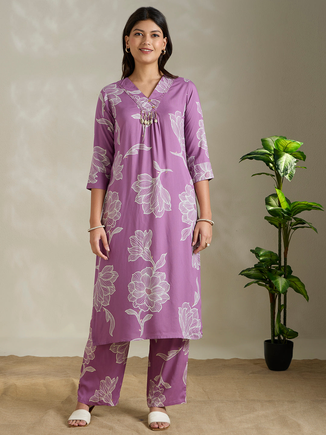 Abstract Floral Printed Straight Fit Co-ord Set - Purple