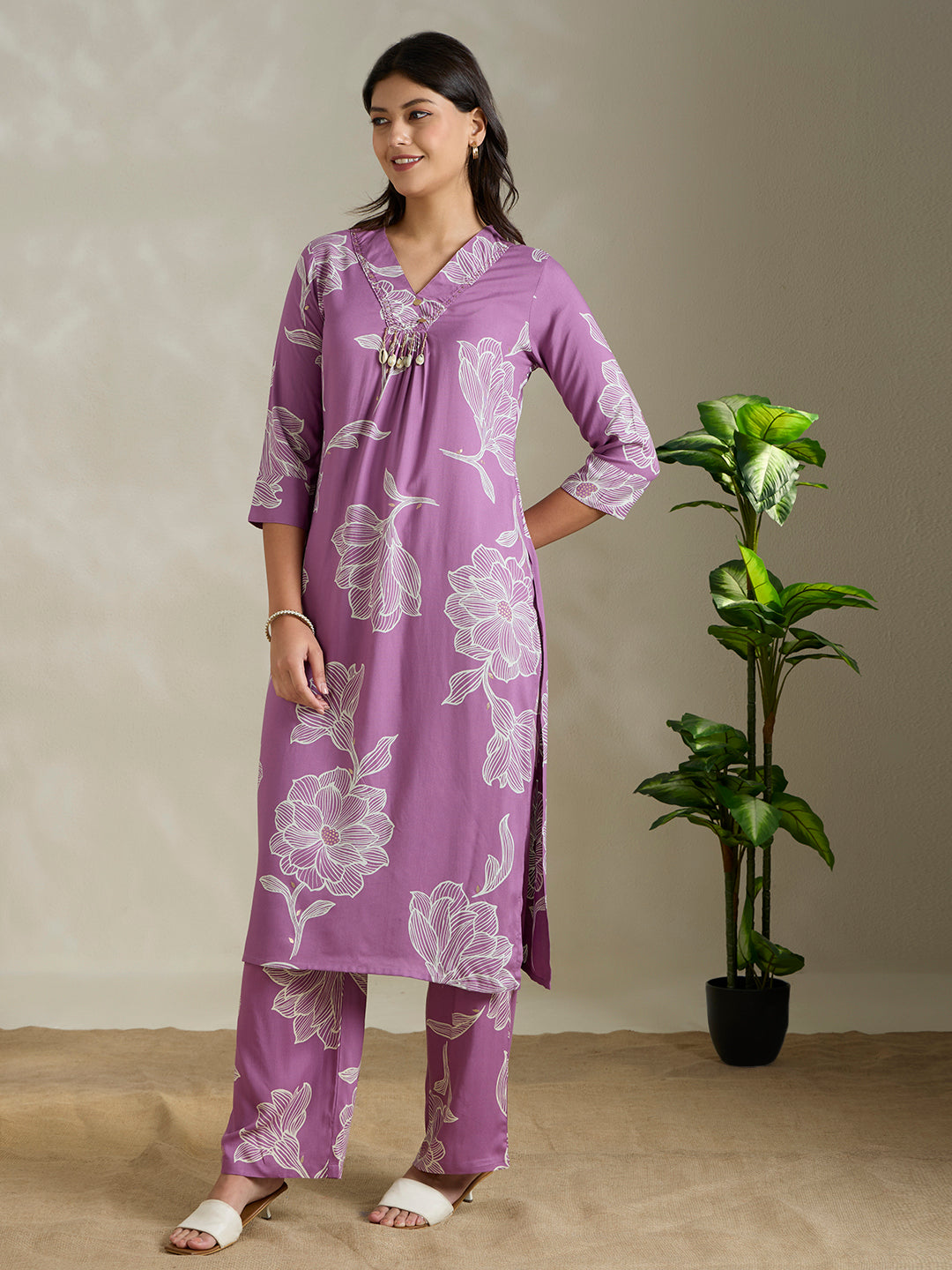 Abstract Floral Printed Straight Fit Co-ord Set - Purple