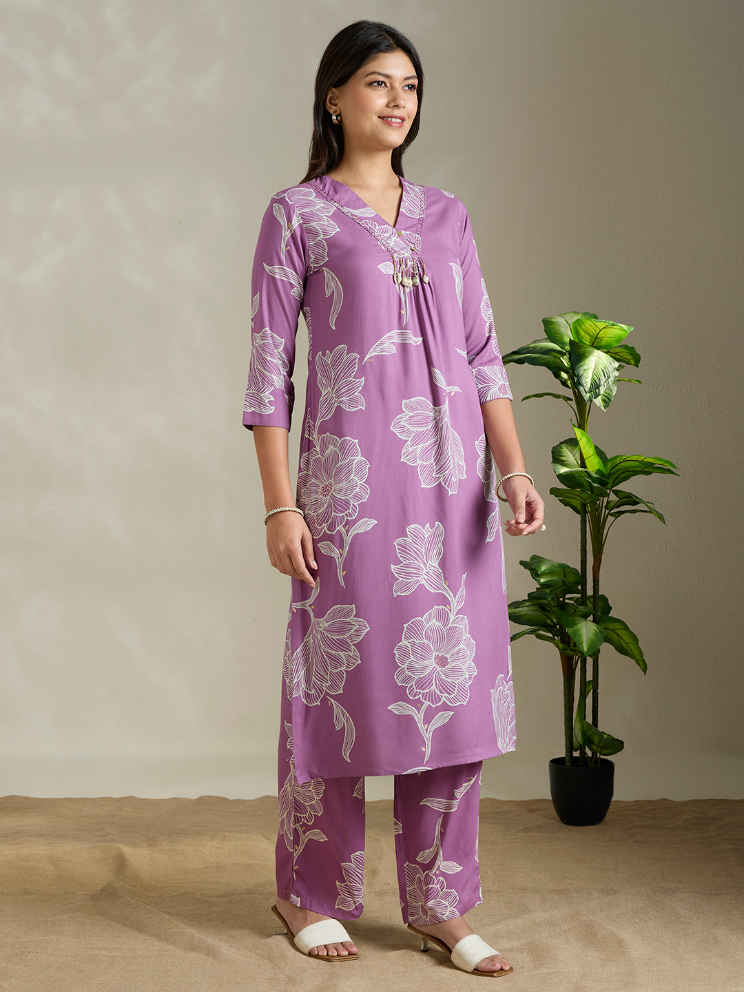 Abstract Floral Printed Straight Fit Co-ord Set - Purple