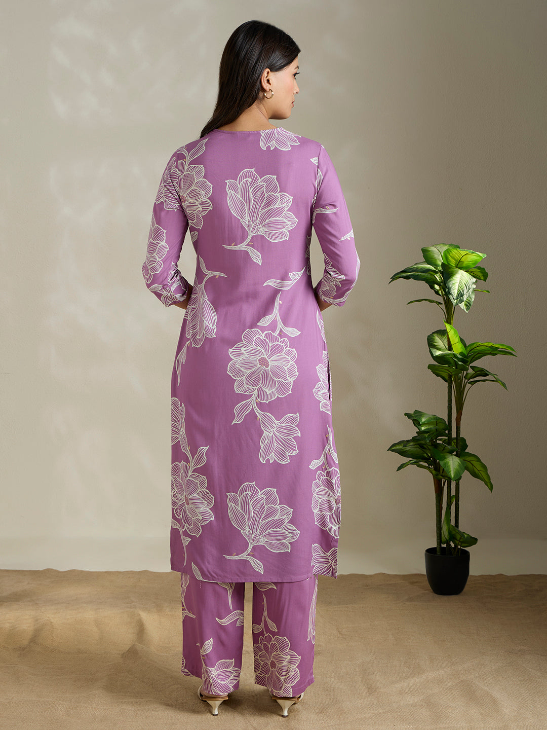 Abstract Floral Printed Straight Fit Co-ord Set - Purple