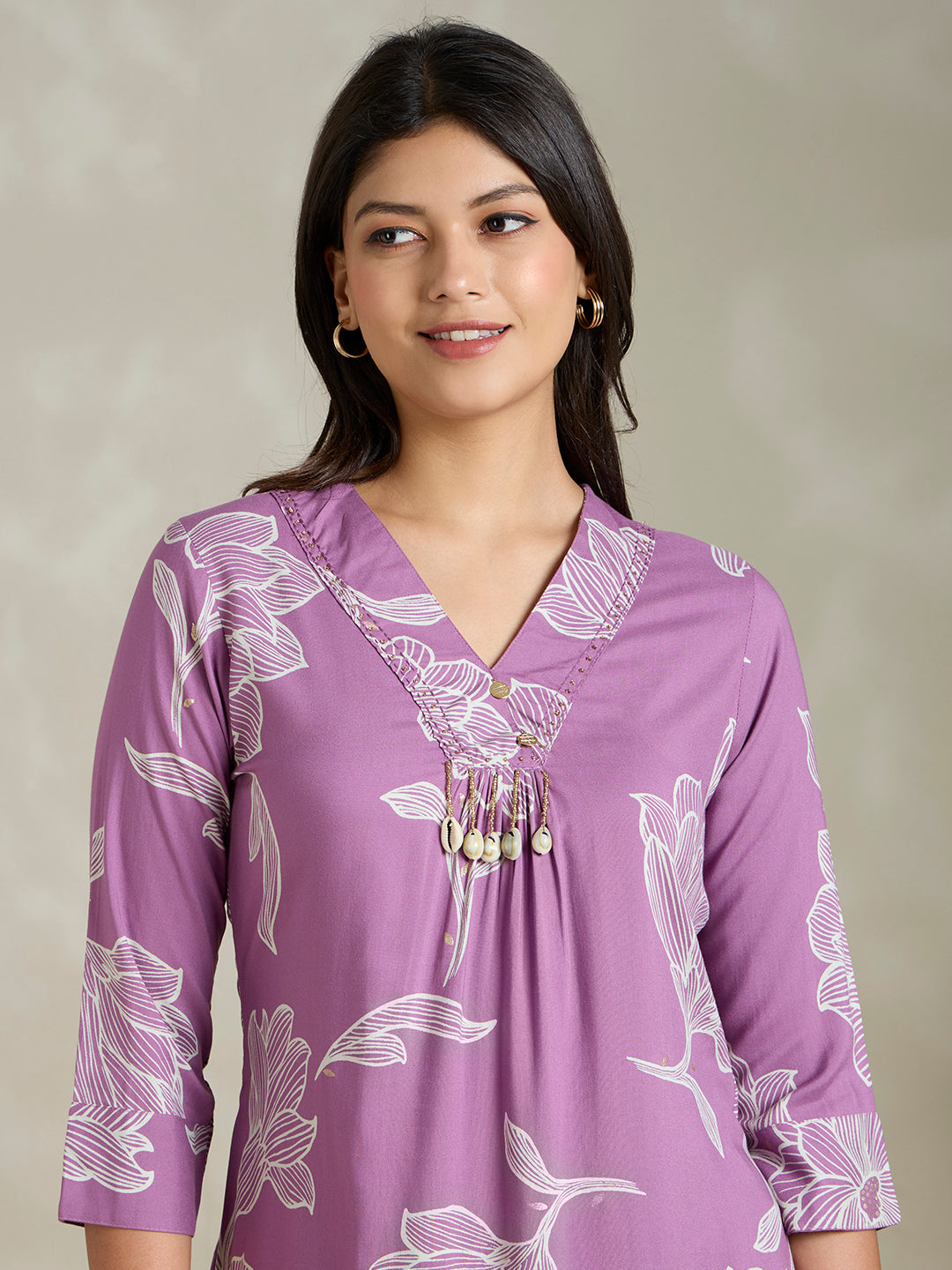 Abstract Floral Printed Straight Fit Co-ord Set - Purple