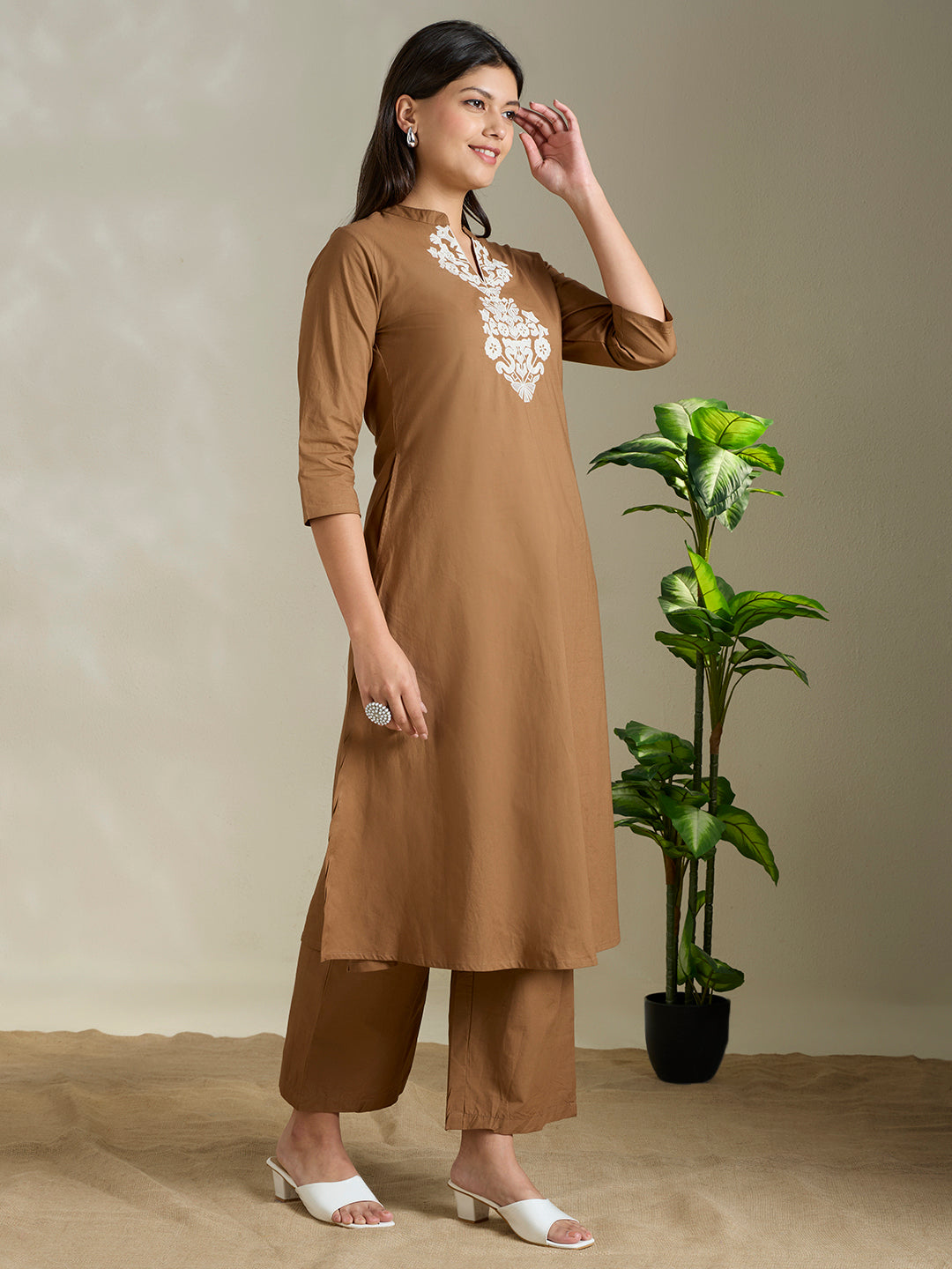 Solid Ethnic Threadwork Embroidered A-Line Co-ord Set - Brown