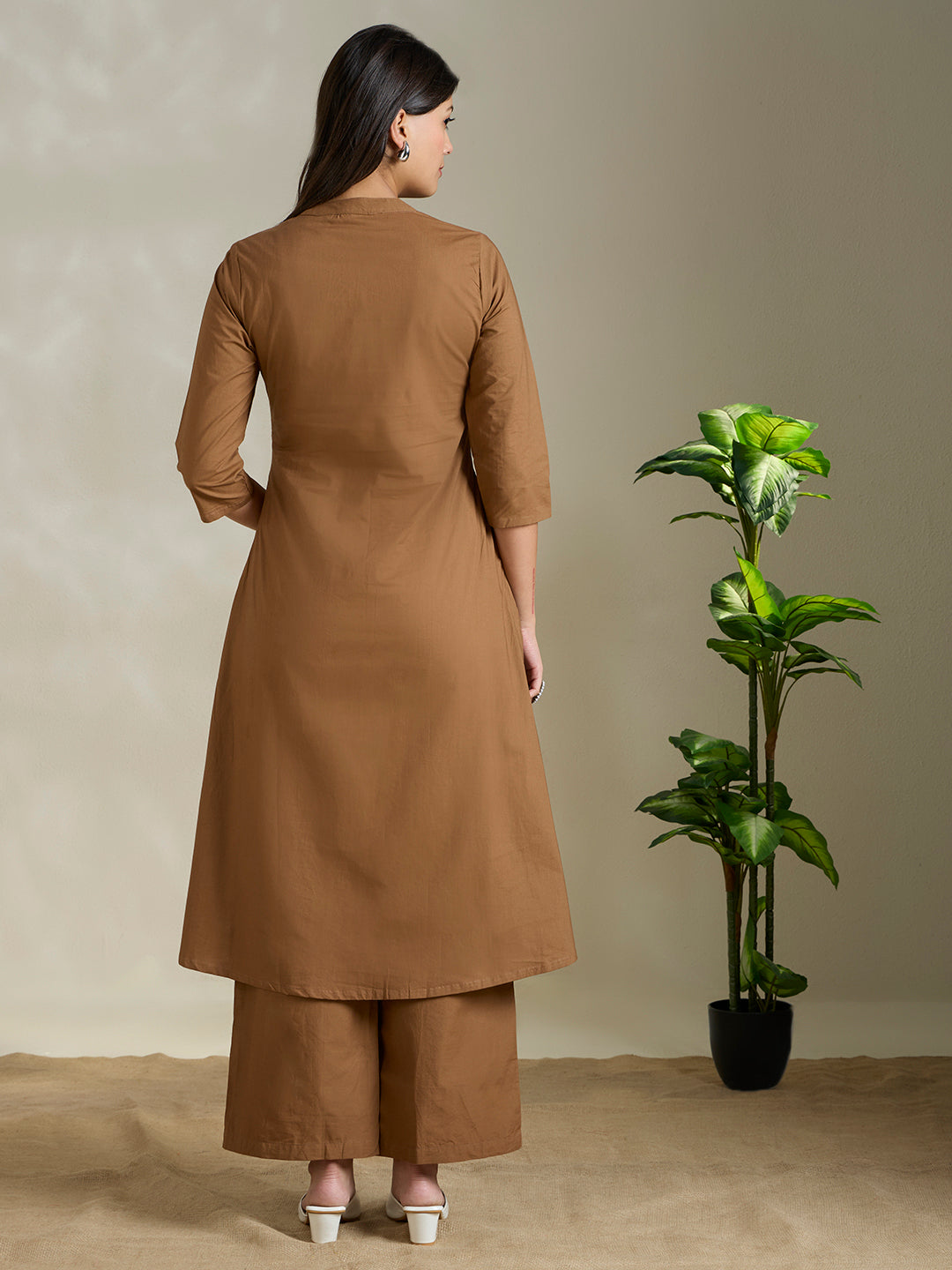 Solid Ethnic Threadwork Embroidered A-Line Co-ord Set - Brown