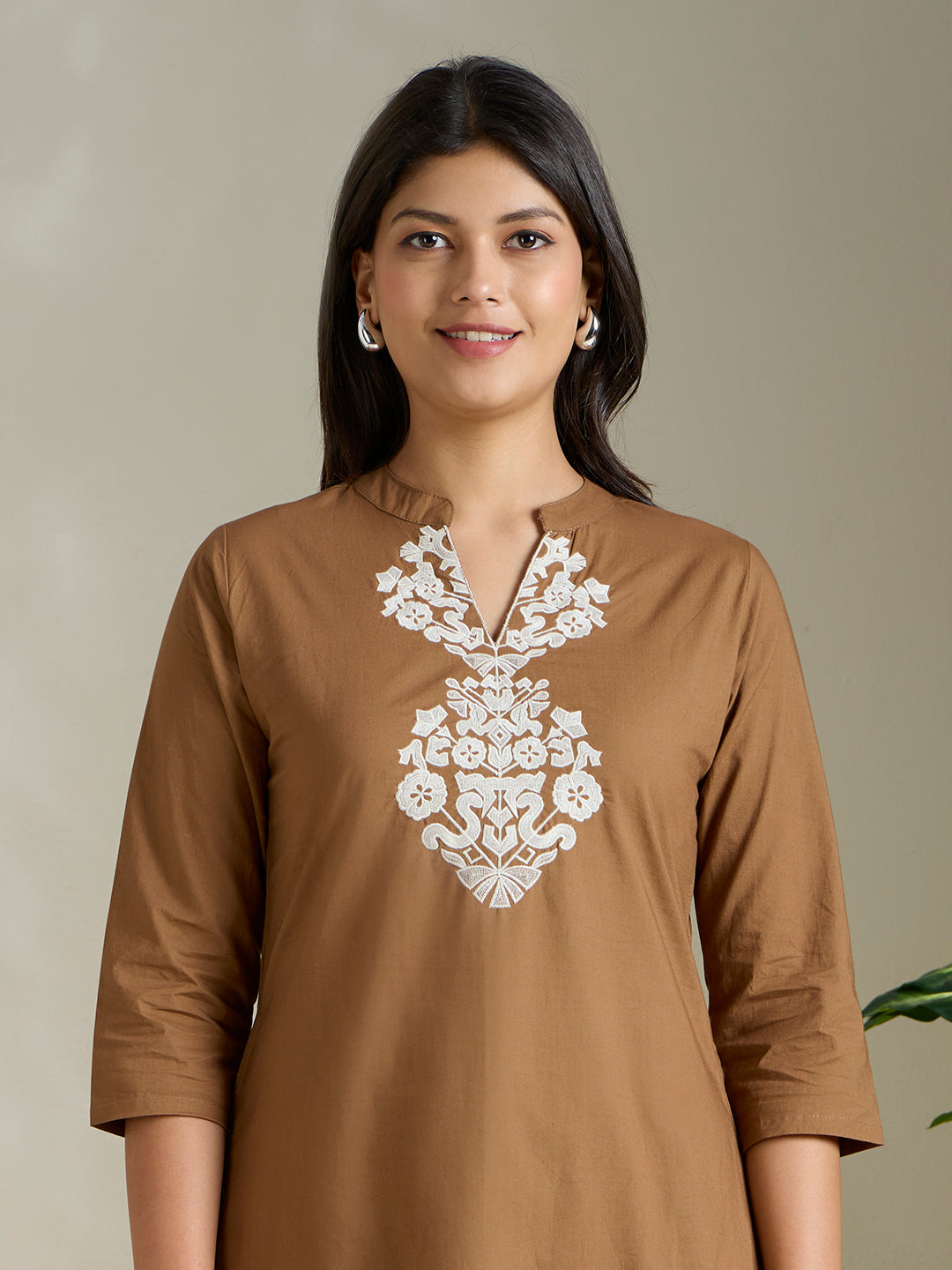 Solid Ethnic Threadwork Embroidered A-Line Co-ord Set - Brown