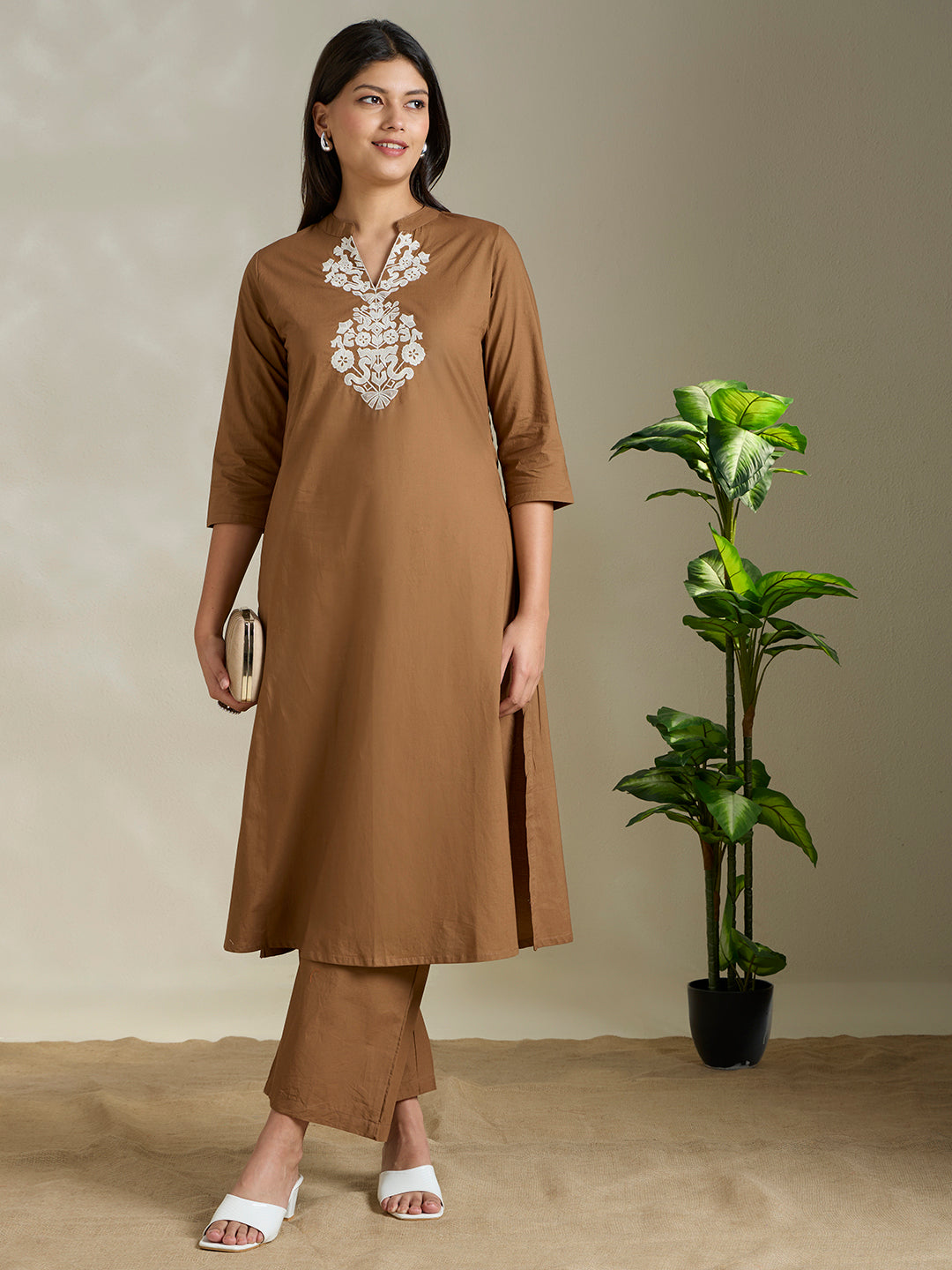 Solid Ethnic Threadwork Embroidered A-Line Co-ord Set - Brown