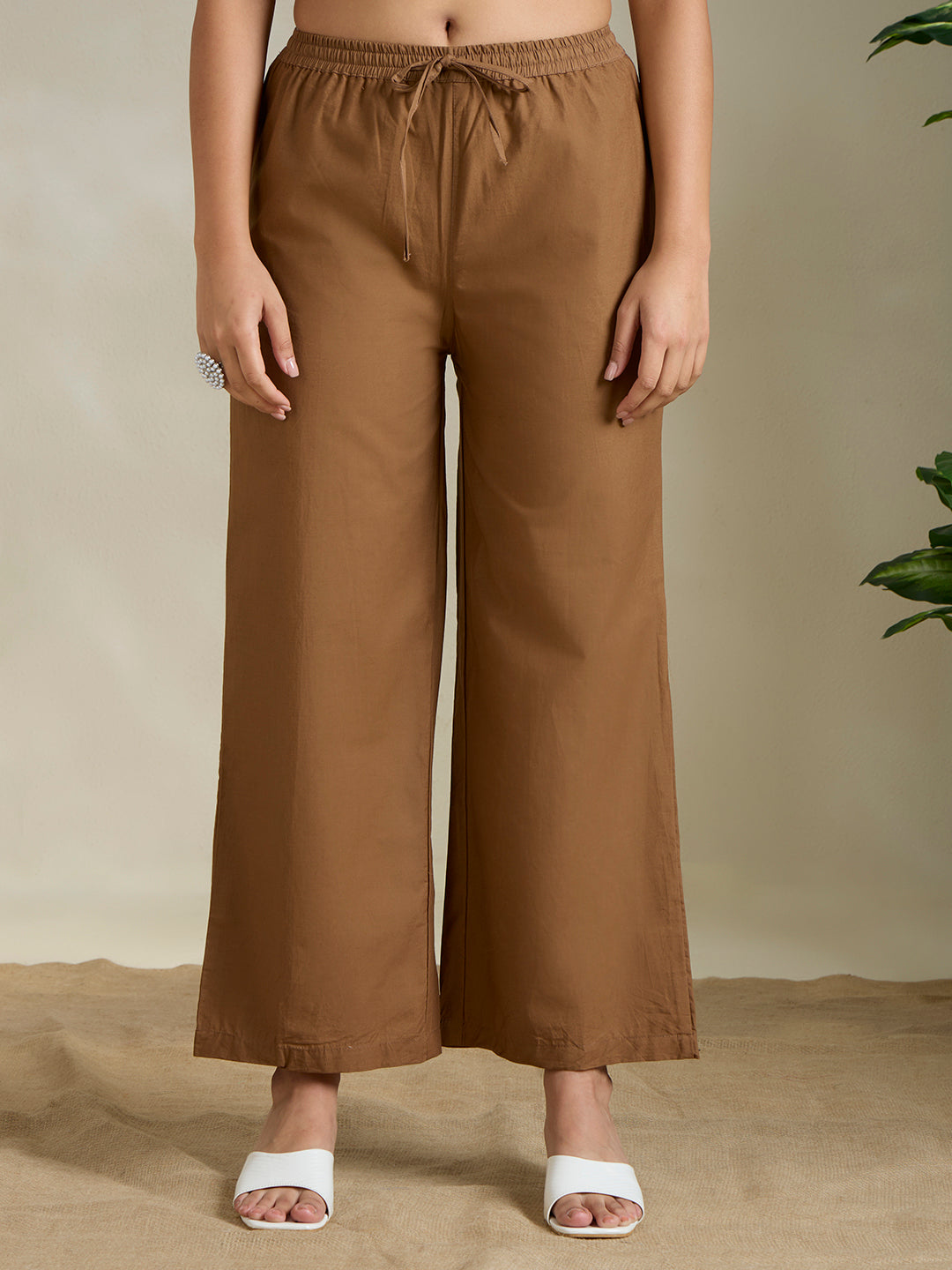 Solid Ethnic Threadwork Embroidered A-Line Co-ord Set - Brown