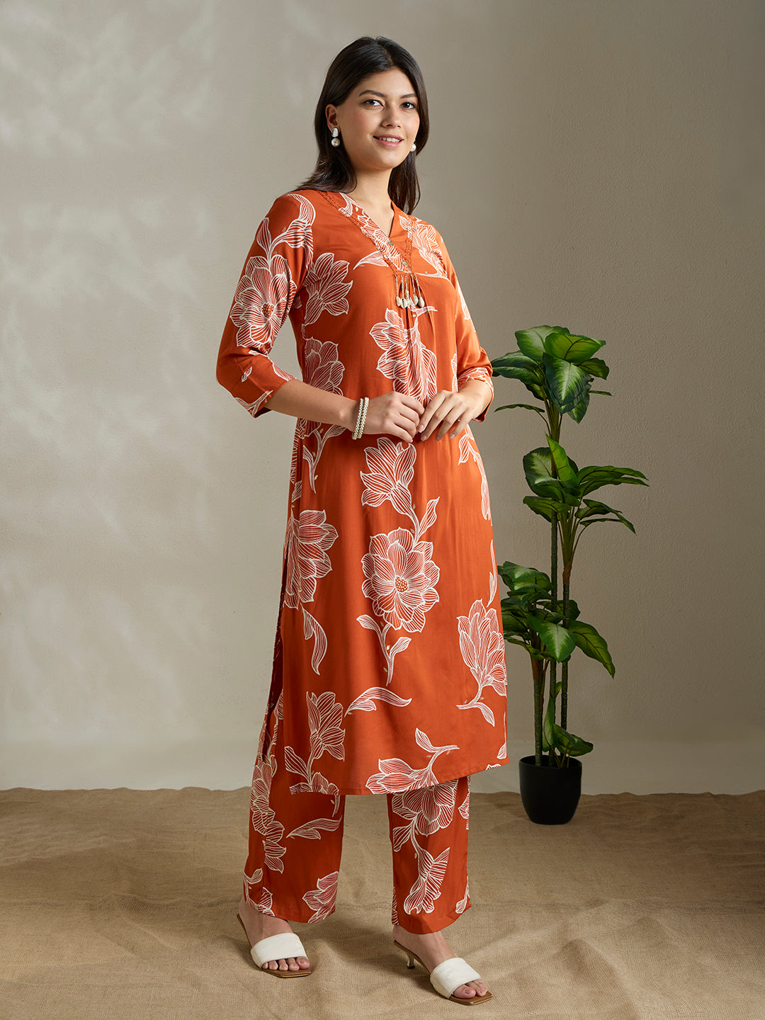 Abstract Floral Printed Straight Fit Co-ord Set - Orange