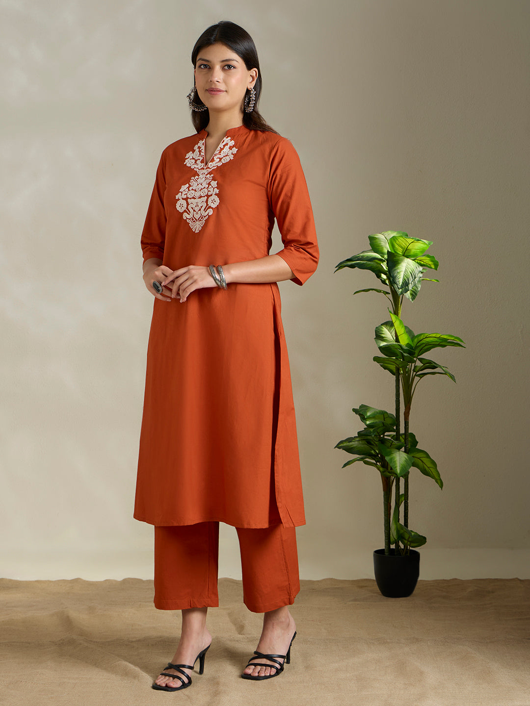 Solid Ethnic Threadwork Embroidered A-Line Co-ord Set - Rust