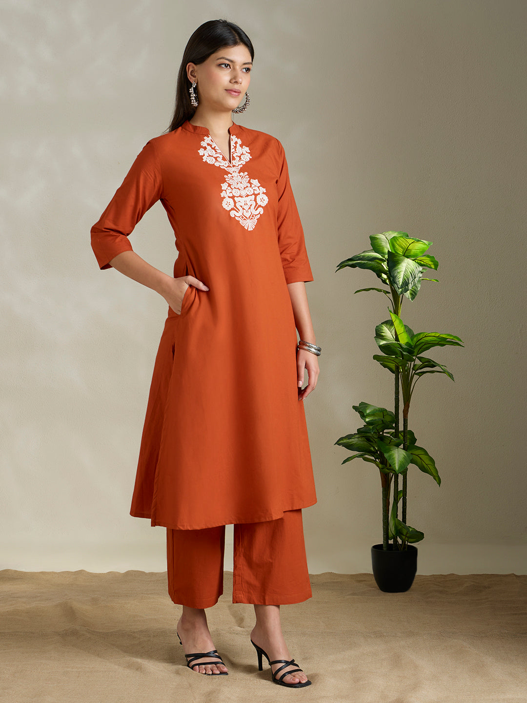 Solid Ethnic Threadwork Embroidered A-Line Co-ord Set - Rust
