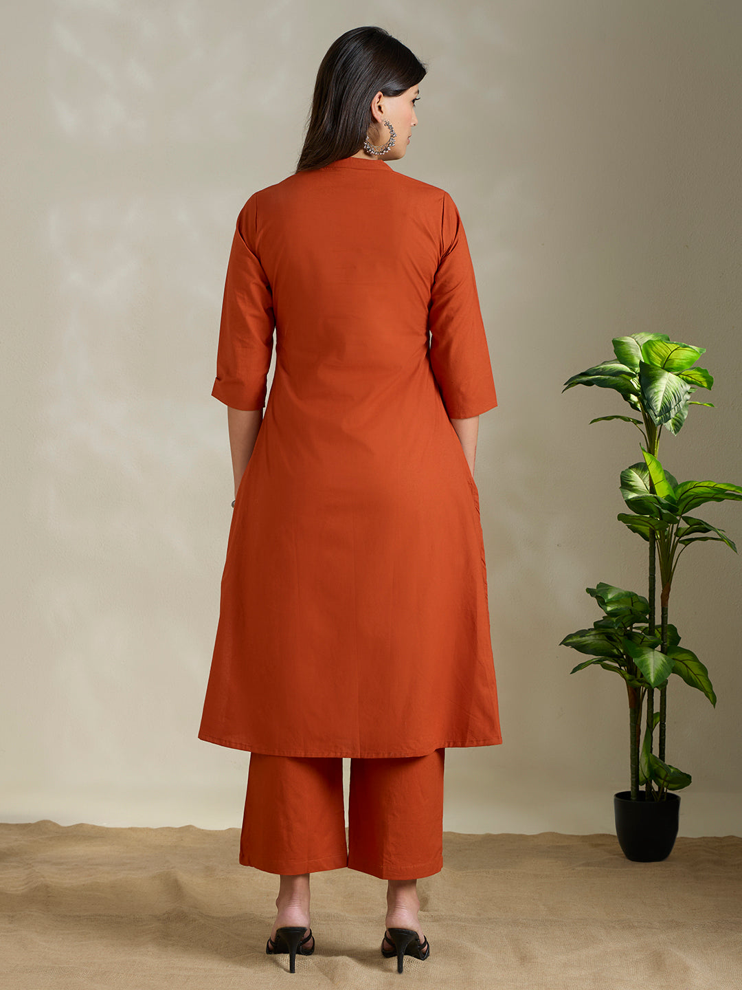 Solid Ethnic Threadwork Embroidered A-Line Co-ord Set - Rust