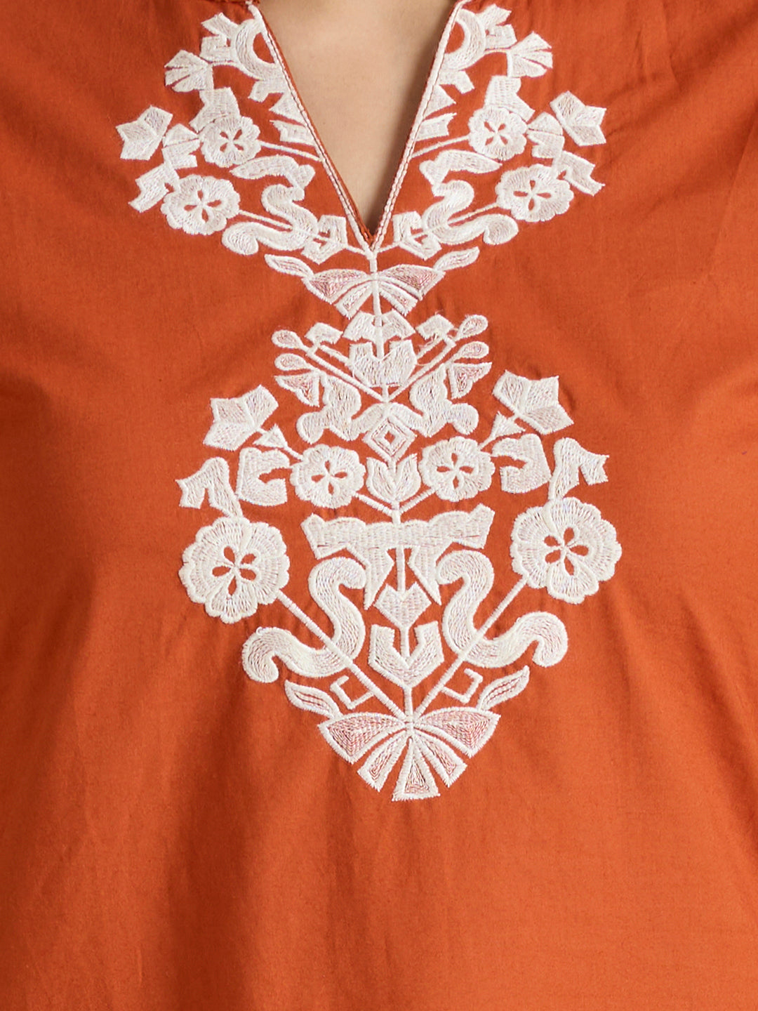 Solid Ethnic Threadwork Embroidered A-Line Co-ord Set - Rust