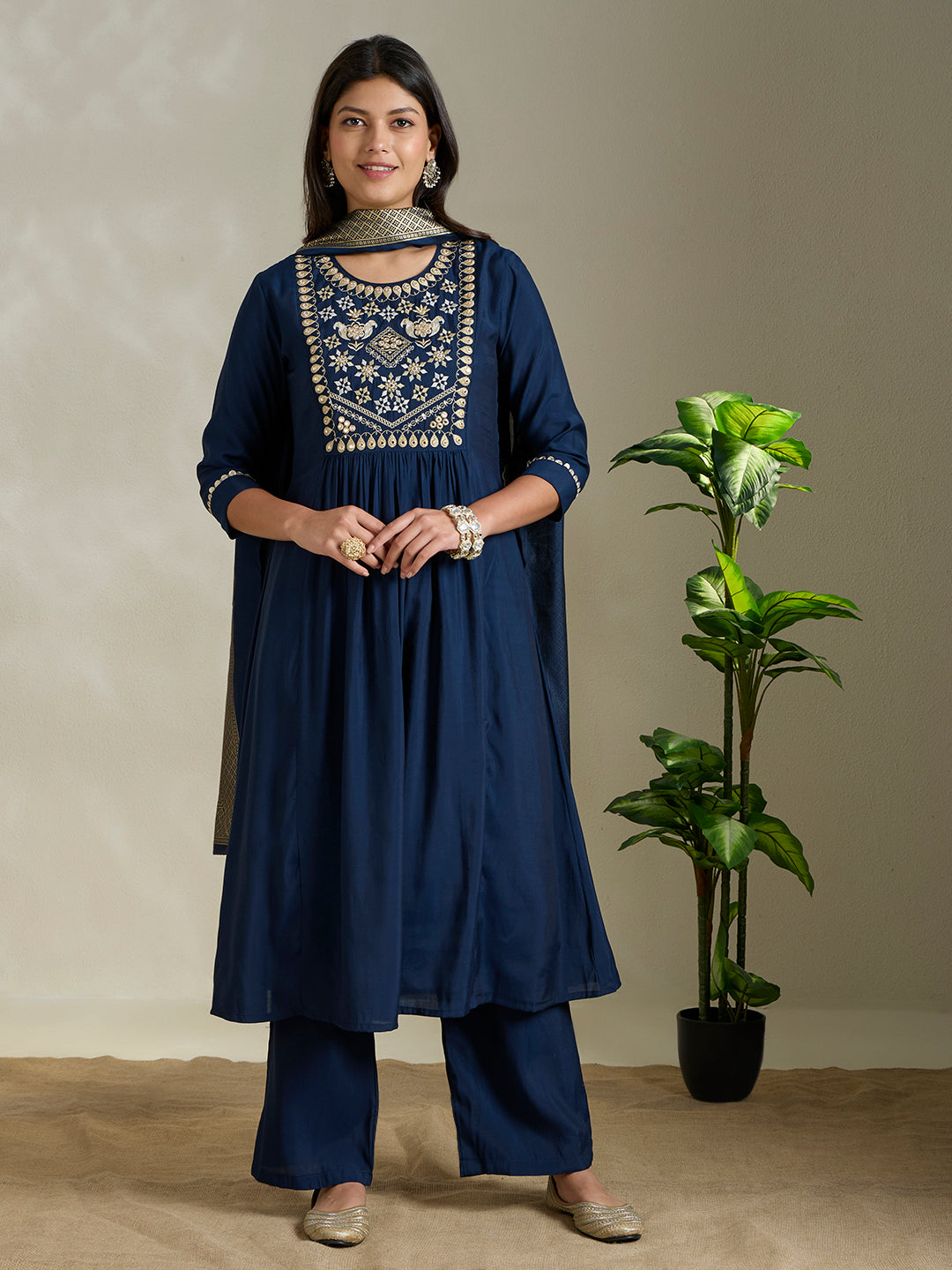 Solid Ethnic Embroidered A-Line Pleated Kurta with Palazzo and Dupatta - Blue