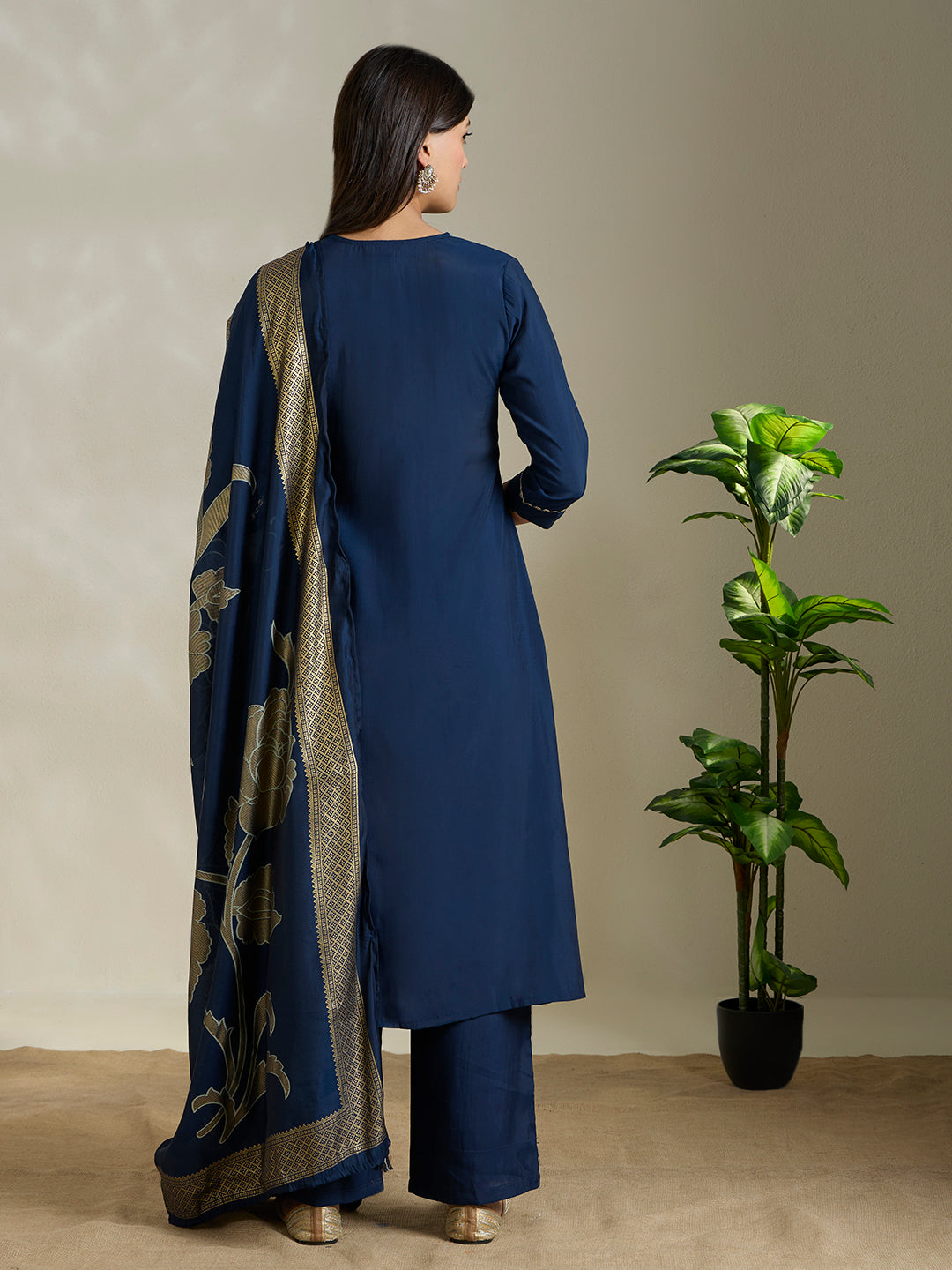 Solid Ethnic Embroidered A-Line Pleated Kurta with Palazzo and Dupatta - Blue