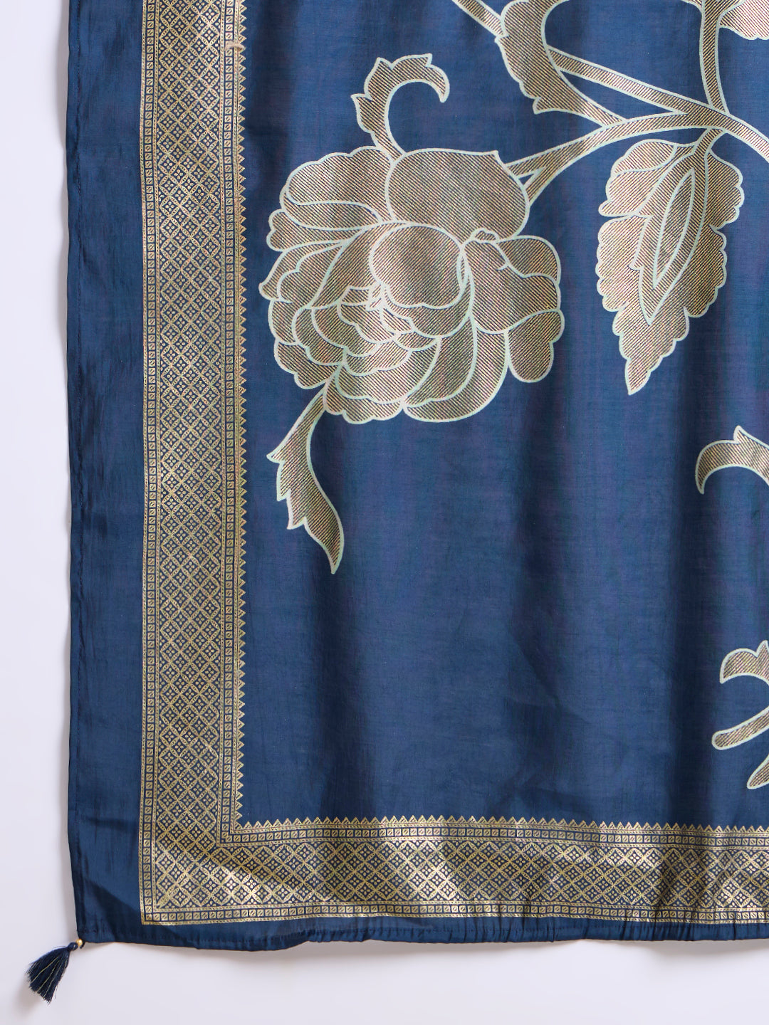 Solid Ethnic Embroidered A-Line Pleated Kurta with Palazzo and Dupatta - Blue