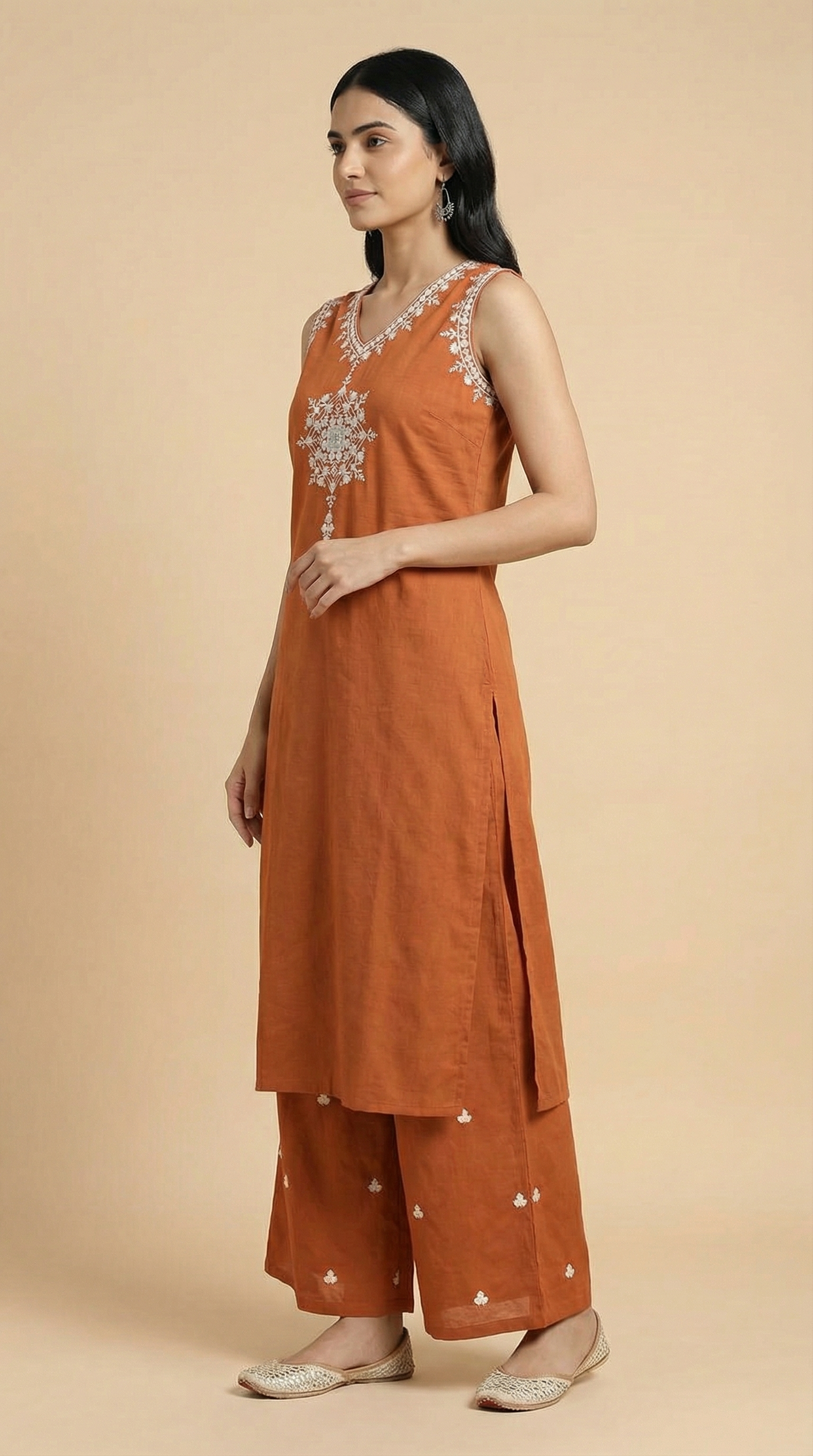 Floral Mirror & Threadwork Embroidered Straight Co-ord Set - Rust