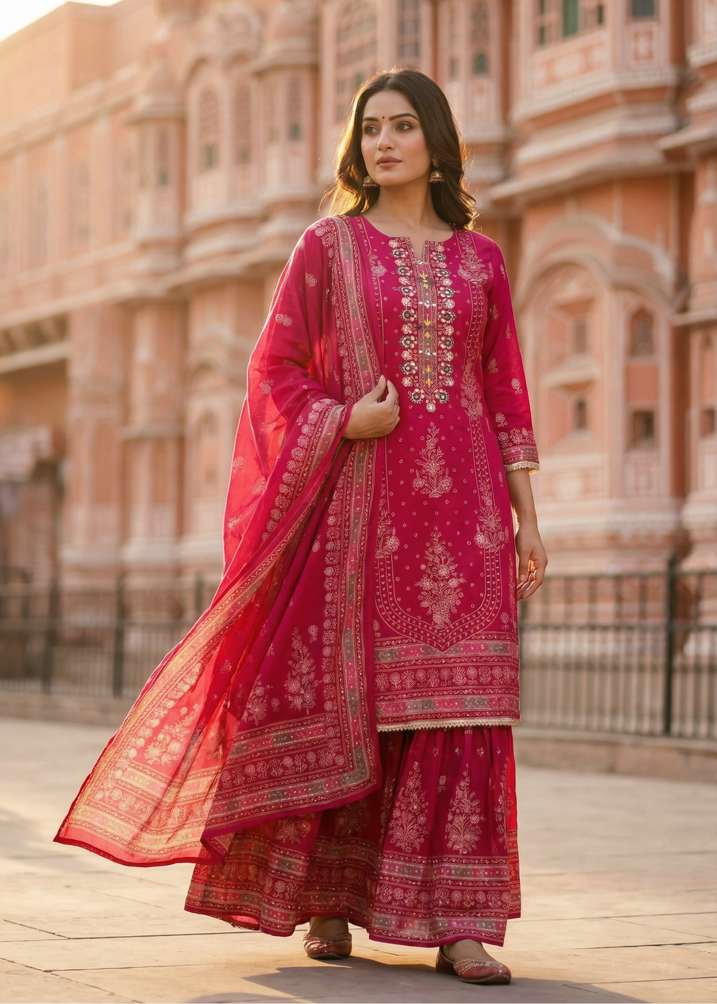 Ethnic Printed Embroidered Straight Kurta with Sharara and Dupatta - Pink